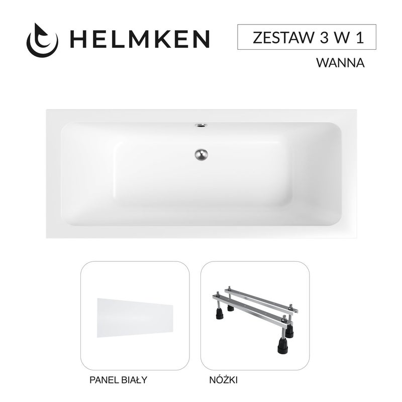 Wanna akrylowa Helmken Olympia 170x75 z akrylu lanego ze wzmocnionym korpusem z odpływem środkowym + Panel biały + Nóżki / 35100075
