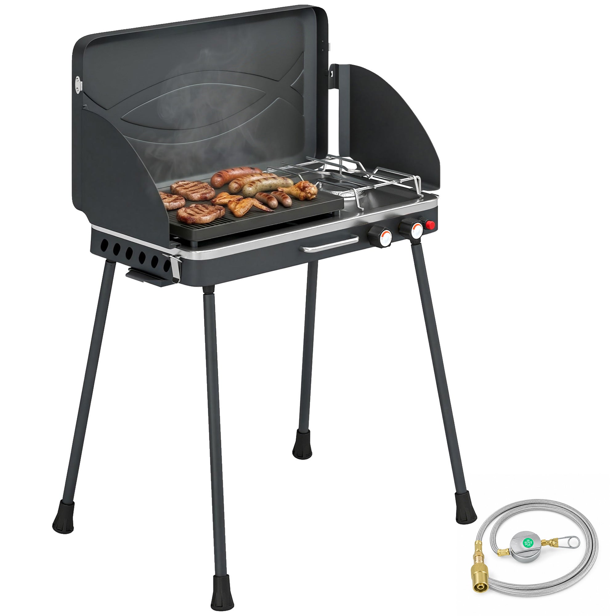 Grill gazowy 2 w 1, przenośny, propanowy, 7 kW, stołowy lub wolnostojący, z dużą płytą grillową i odłączanymi nogami – czarny