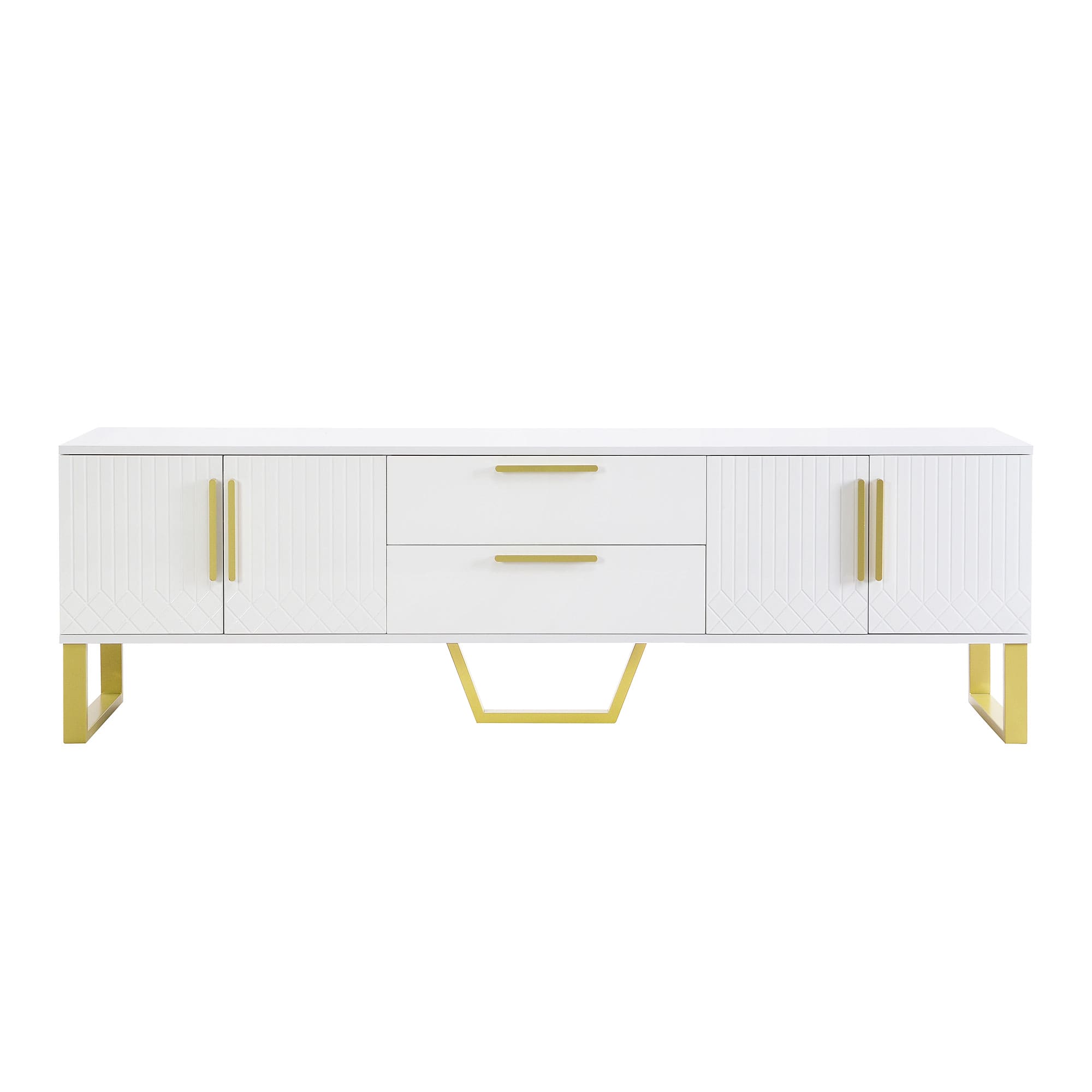 Błyszcząca szafka pod telewizor ze złotymi uchwytami, drewniana, 160 cm, elegancki design do salonu