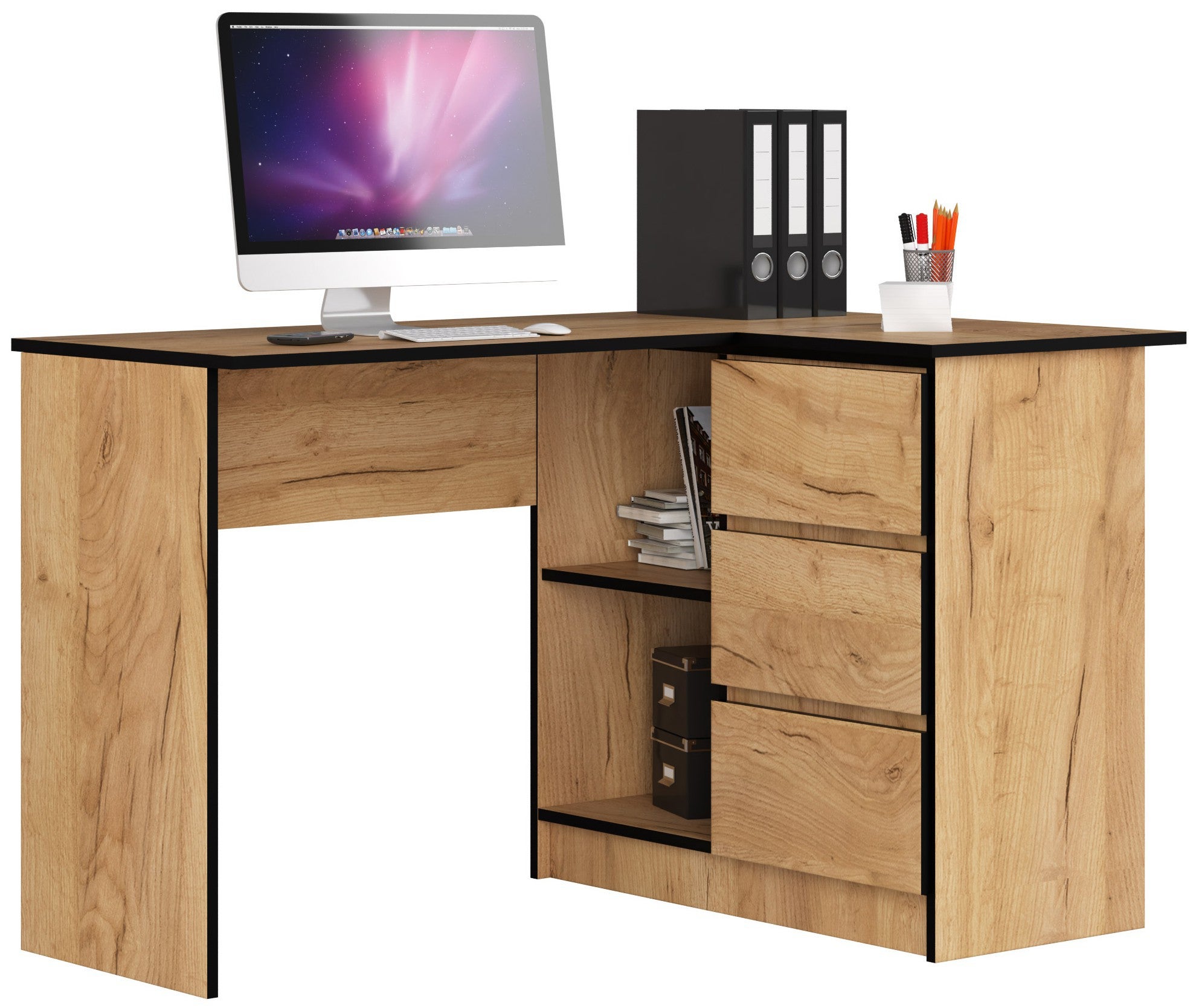 Biurko narożne AKORD B16 Dąb Craft 124 cm prawe 3 szuflady kolor Dąb Craft mat 2 półki 124x85x77 cm