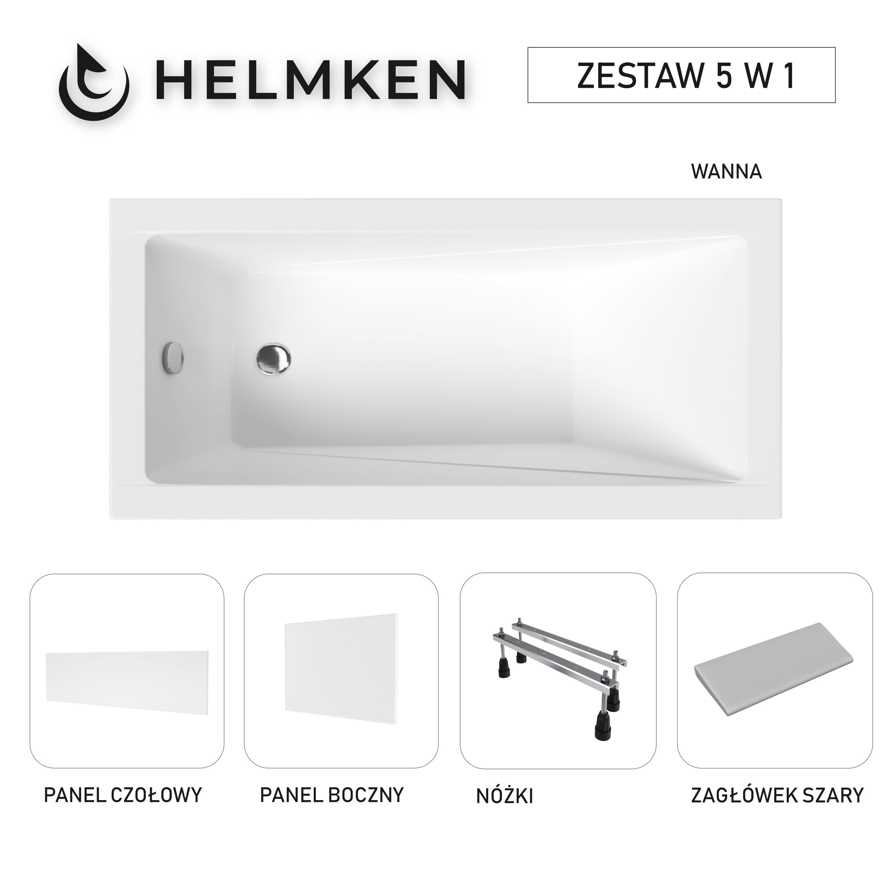 Wanna akrylowa Helmken Rivana 130 x 70 + Panel czołowy i boczny Biały + Zagłówek szary + Nóżki / 23095002ZW