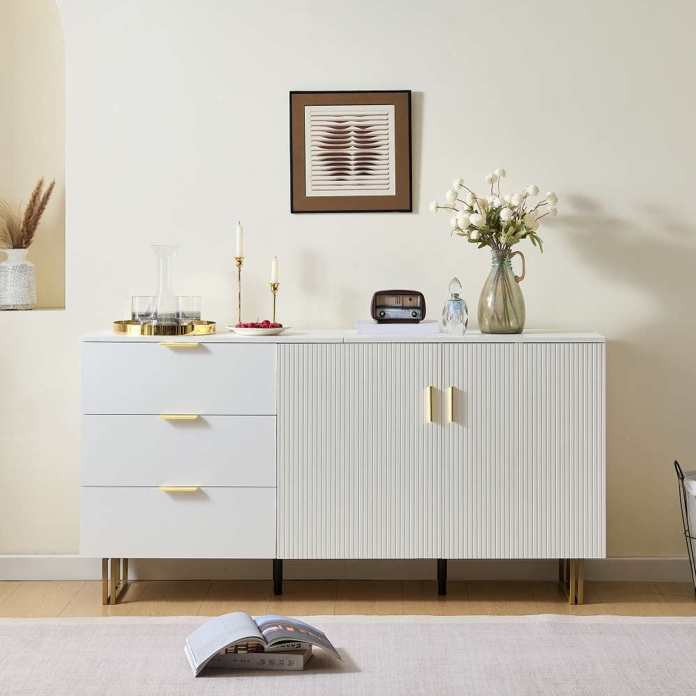 Nowoczesna 2-drzwiowa komoda z 3 szufladami, 160 cm – elegancka płyta MDF, złote uchwyty, stalowe nogi, miejsce do przechowywania w salonie