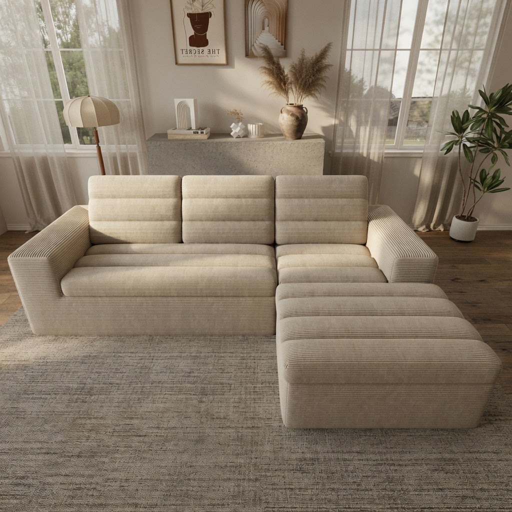 Narożna sofa w kształcie litery L, seria „Cloud”, możliwość dowolnego łączenia elementów, materiał: corduroy, kolor: beżowy