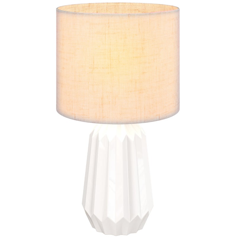 Lampa stołowa z ceramiczną podstawą i lnianym kloszem, lampka nocna z włącznikiem, gniazdo E27, kolor biały i beżowy