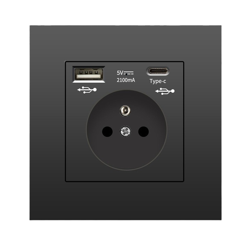 Gniazdo ścienne z USB i typem C, 5 V - 2,1 A, zintegrowane gniazdo zasilania USB w standardzie UE, francuska listwa zasilająca, 110-250 V (czarna)