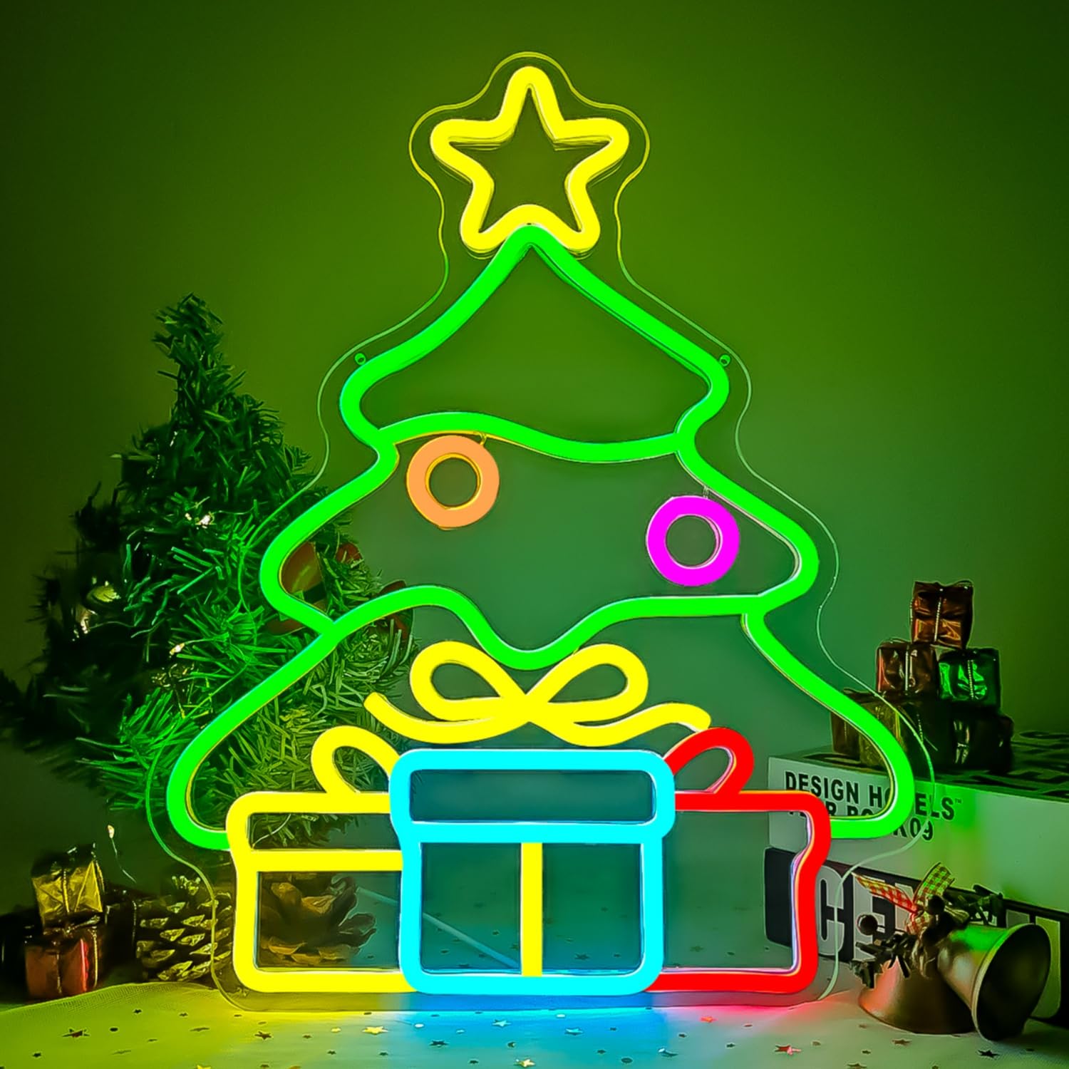 Neony choinkowe, świąteczne dekoracje neonowe, ściemnialne neonowe lampki LED, odpowiednie do dekoracji ściennych, 31*39cm