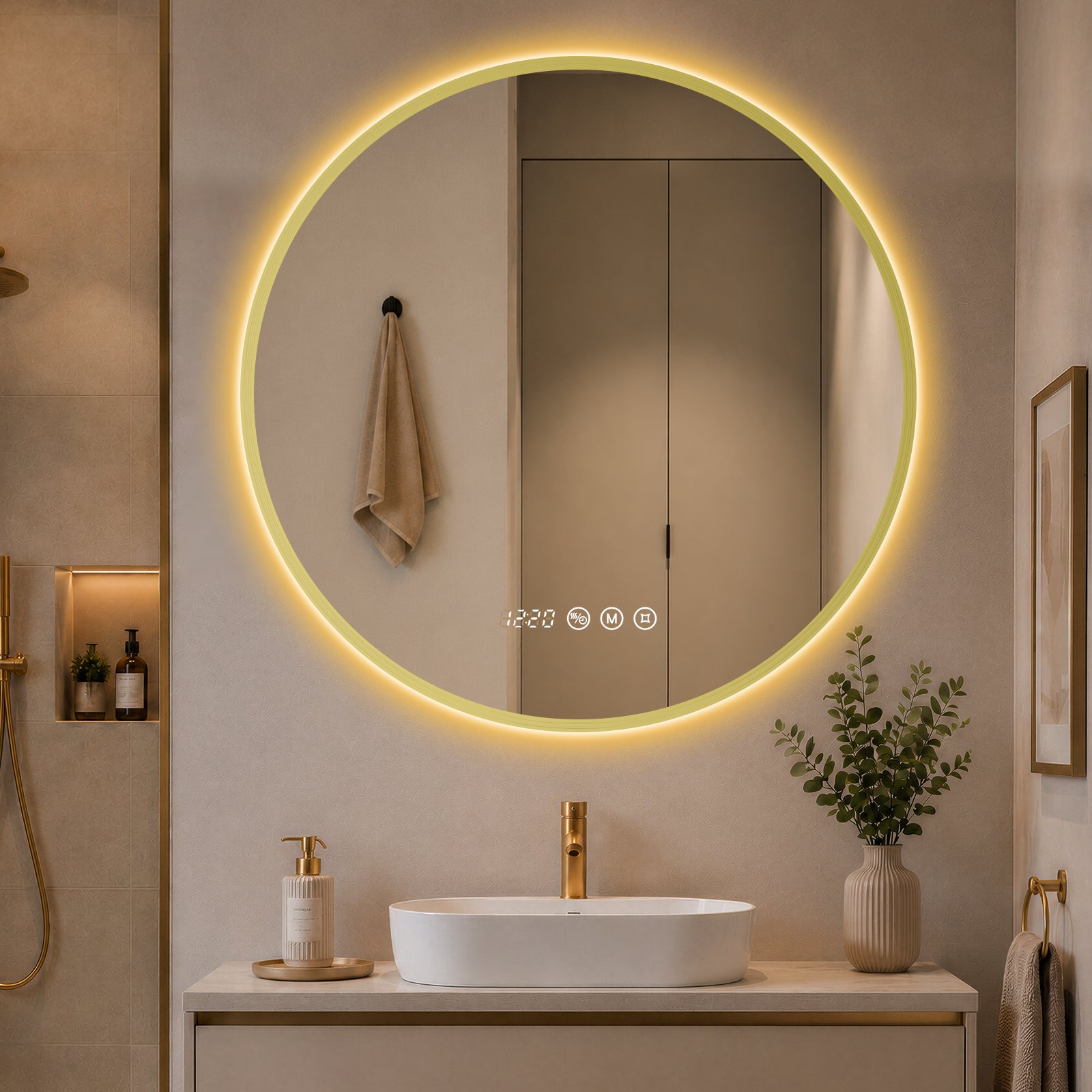 Lustro łazienkowe LED okrągłe 80 cm z złota ramą, lustro podświetlane z funkcją przeciwmgielną, 3 barwy światła, zegar, temperatura, pamięć