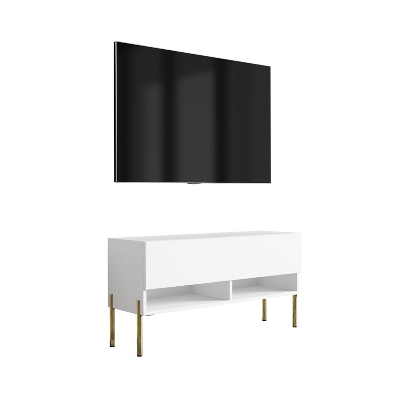Szafka pod telewizor 100 cm Biały Mat, nóżki proste złote, 100 × 32 × 52 cm