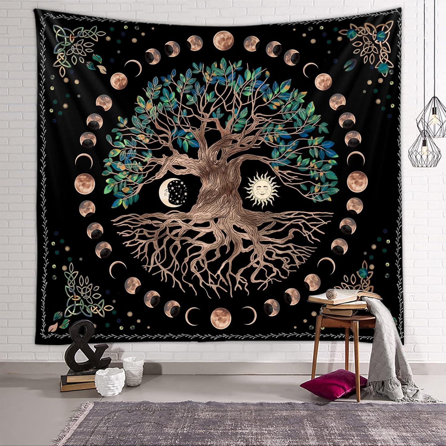 Gobelin Arbre de Vie, Słońce i Księżyc, Psychodeliczna Mandala do Pokoju, Idealna Dekoracja Duchowa (150x200cm)