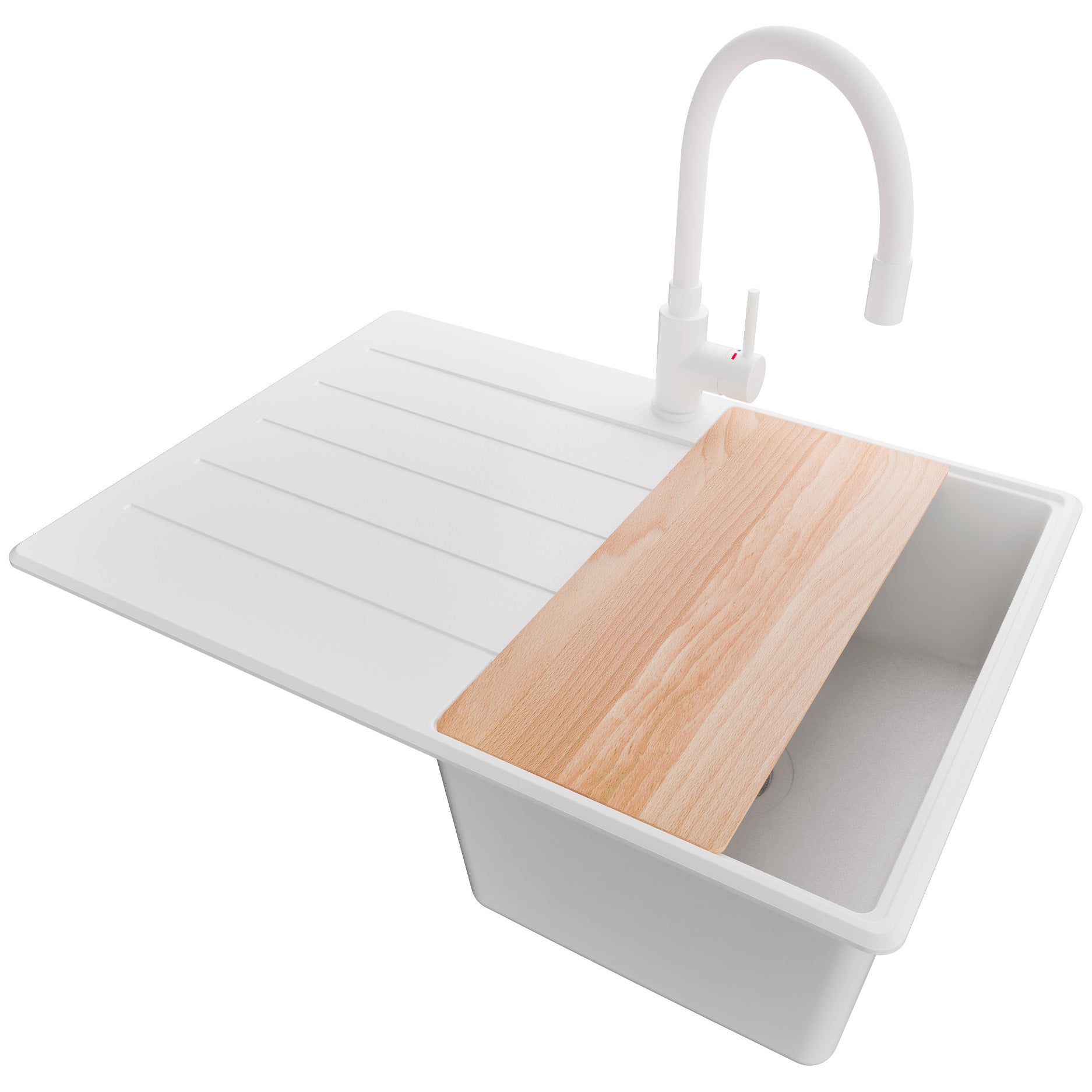 Zlewozmywak Granitowy Cały Biały 70x50cm, Zlew Kuchenny 1 Komorowy + Syfon + Akcesoria, Nablatowy do szafki od 40cm - Kopenhaga PRIMAGRAN