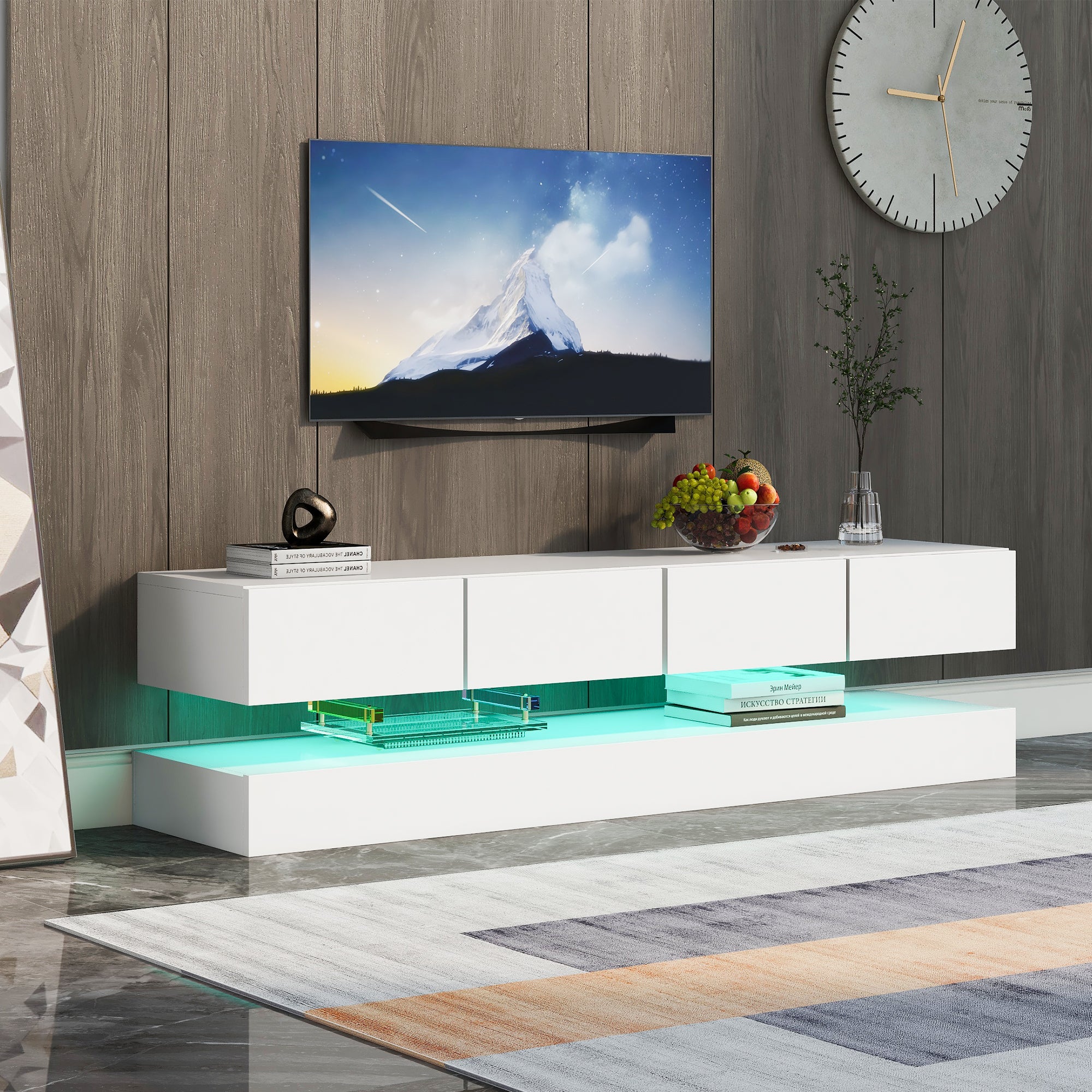 Stół TV na ścianę z LED - Białe, 130cm, MDF, 4 szuflady, 2 szafki, do 55 cali