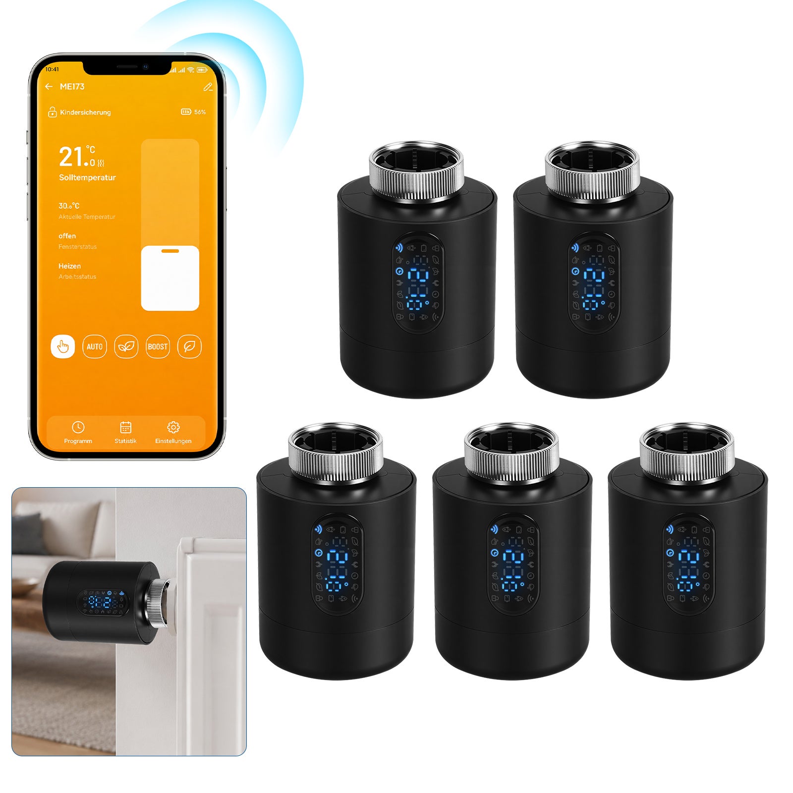 Inteligentny termostat grzejnikowy Wi-Fi ze sterowaniem przez aplikację, Smart Life/Tuya, Czarny, Zestaw 5 szt.