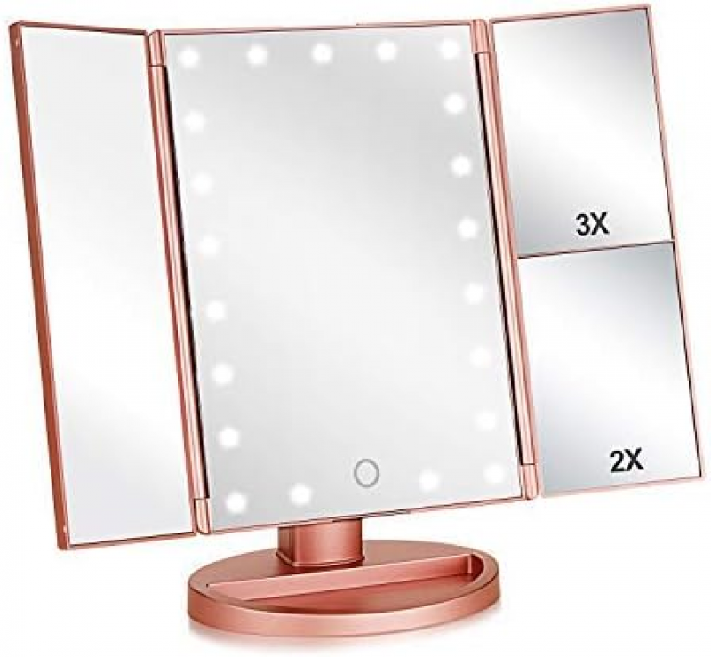 Lustro do makijażu LED, lusterko kosmetyczne podświetlane diodami LED, powiększenie 1X/2X/3X, obrót o 180 stopni (różowe złoto)