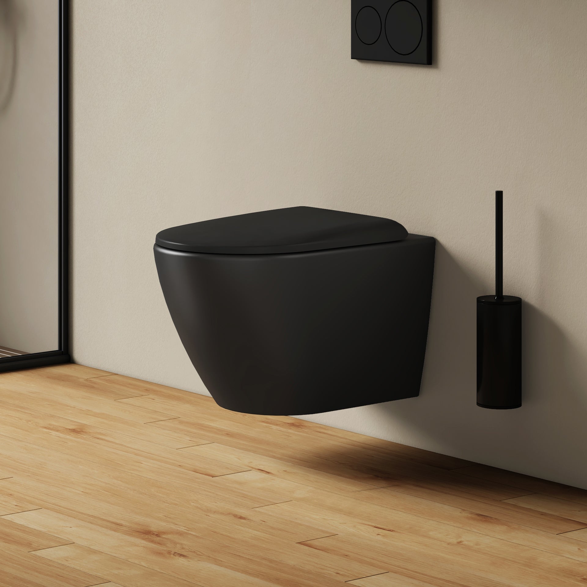 EMKE Miska WC Wisząca Bezkołnierzowa 49 x 37 cm – Deska Soft-Close Wypinana, Ceramika Czarny Mat