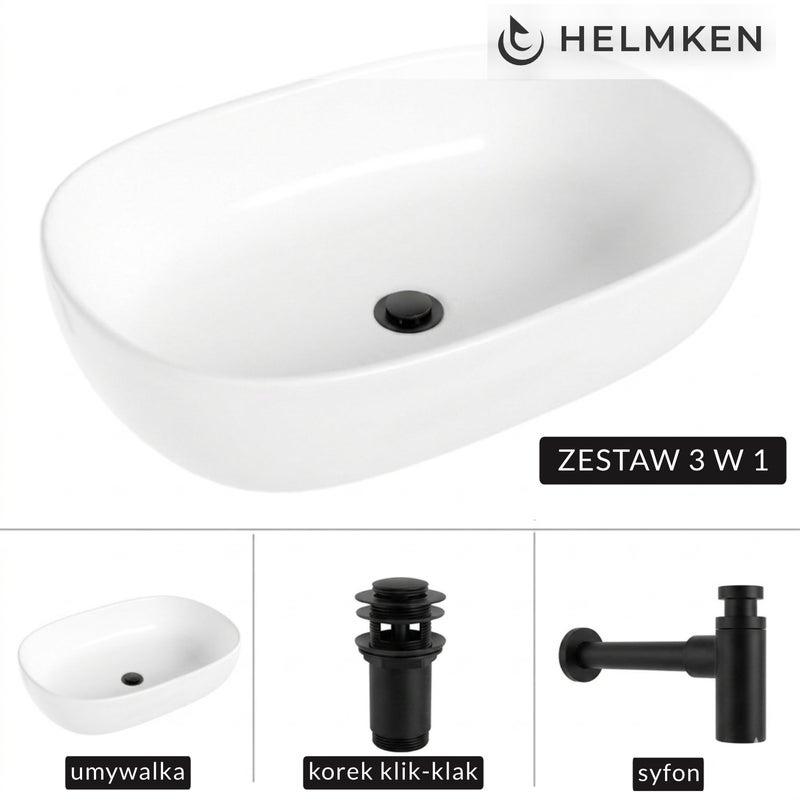 Umywalka nablatowa Helmken 83660000 (60x42.5) Biała + Syfon Czarny Mat + Korek klik-klak Czarny Mat