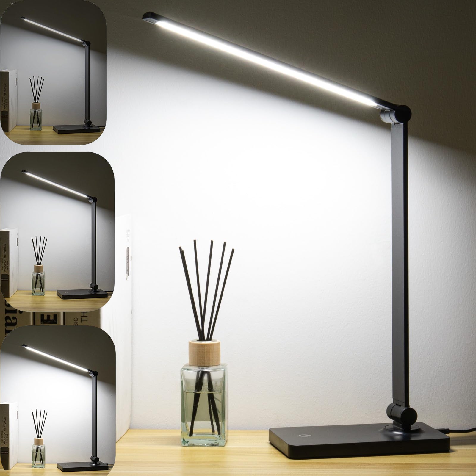 Lampka biurkowa LED, sterowana dotykowo, przyjazna dla oczu lampa do czytania, 3 poziomy jasności, białe światło 6000 K (wtyczka)