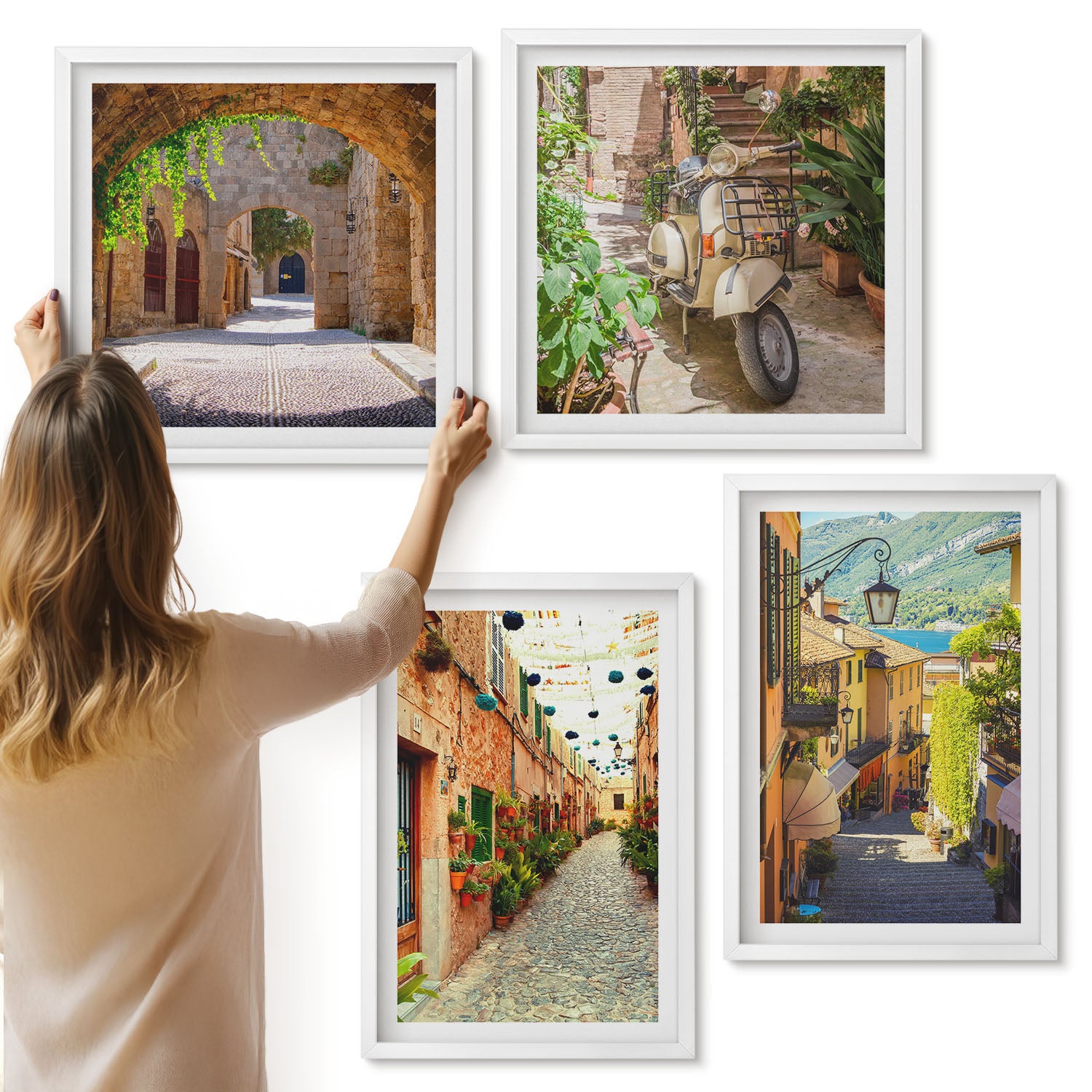 Galeria ścienna 4-częściowy komplet obrazów w białych ramach - Urokliwe uliczki z roślinnością oraz włoska pizza - ArtPrintCave