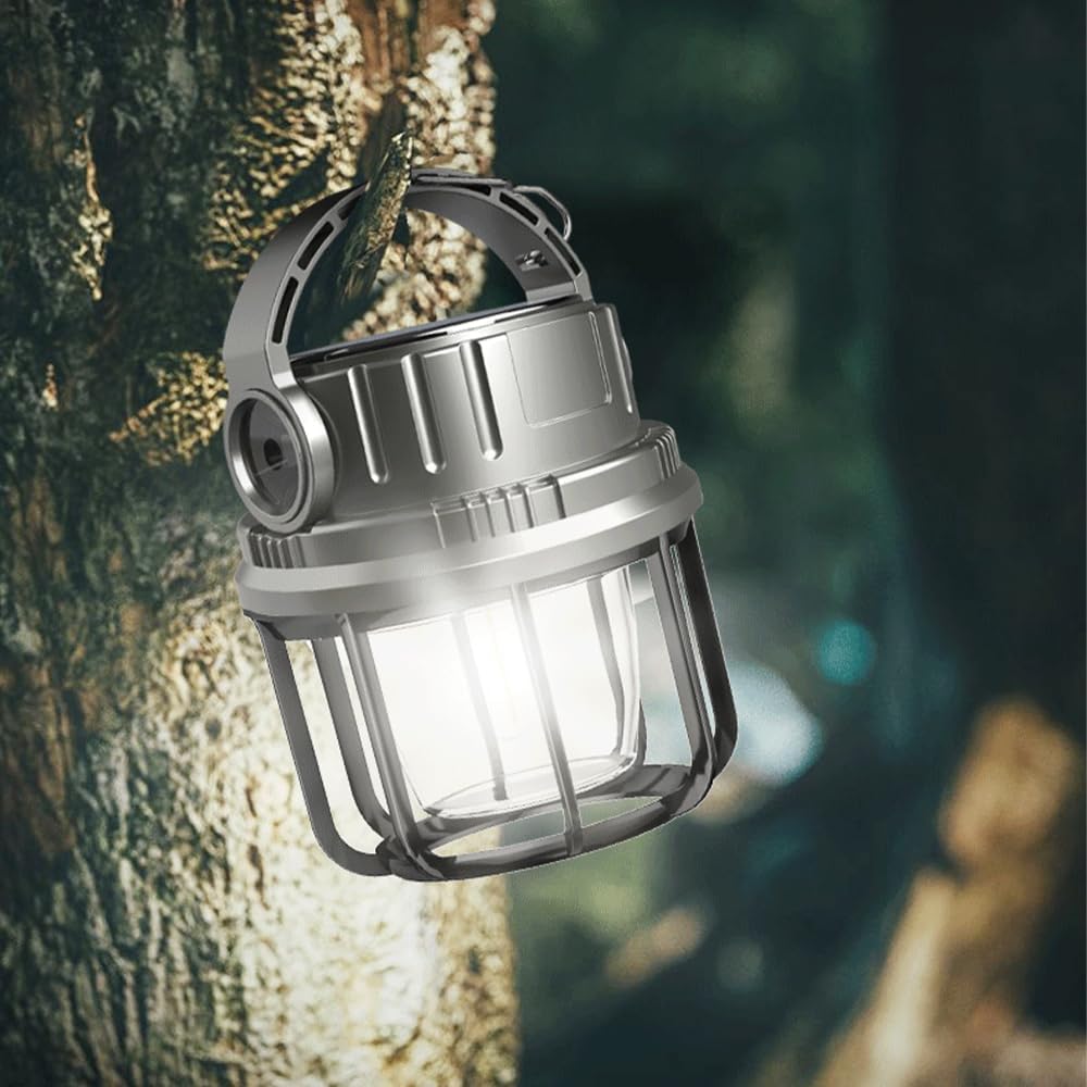 Lampa kempingowa, wiszące latarnie z panelem słonecznym i 3 źródłami światła, 6 trybów oświetlenia, port ładowania USB 2400 mAh, awaryjna