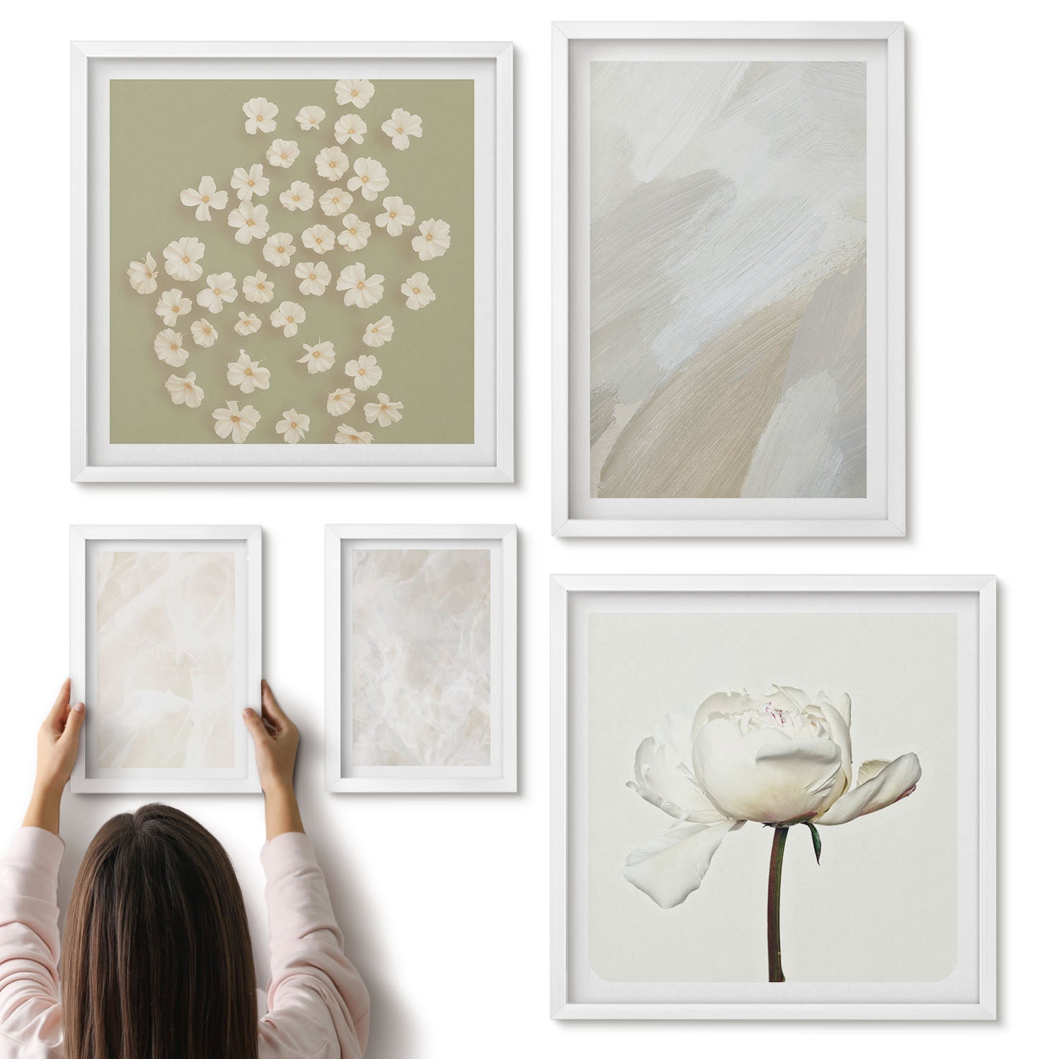 Galeria ścienna 5-częściowy komplet obrazów w białych ramach - Kwiaty i modne tekstury delikatny styl boho - ArtPrintCave