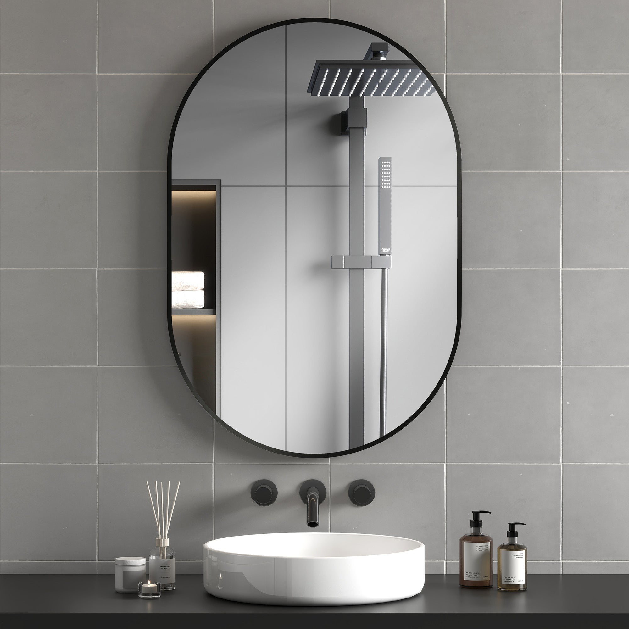 Owalne lustro ścienne z minimalistyczną aluminiową ramą, montaż pionowy lub poziomy z 3 haczykami, 60 x 90 cm, kolor czarny