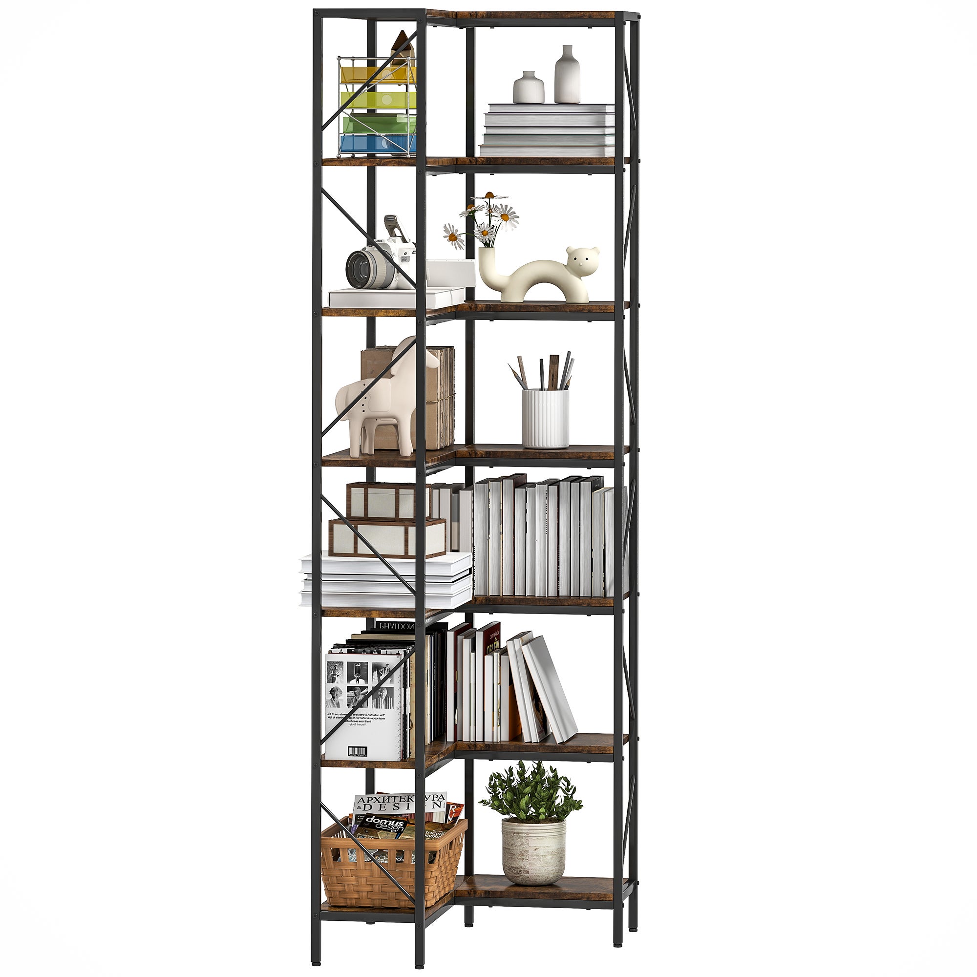 Regał kątowy Industrial Angular 7-Tier, drewno i stal, 60x60x198 cm, brąz rustykalny