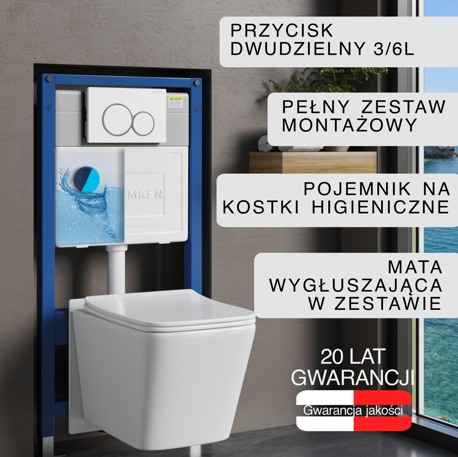 Stelaż podtynkowy WC Helmken 35120001 Zestaw 6w1: Miska bezkołnierzowa, Deska wolnoopadająca, Przycisk Biały (E), Pojemnik na kostki higieniczne, Mata