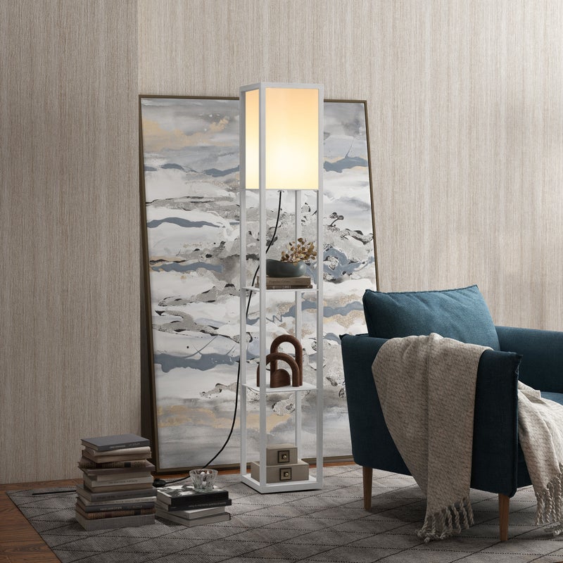 Lampa podłogowa z 3 wbudowanymi półkami, oprawka E27, moc 40 W, nowoczesna płyta meblowa MDF, 26 x 26 x 160 cm, kolor biały