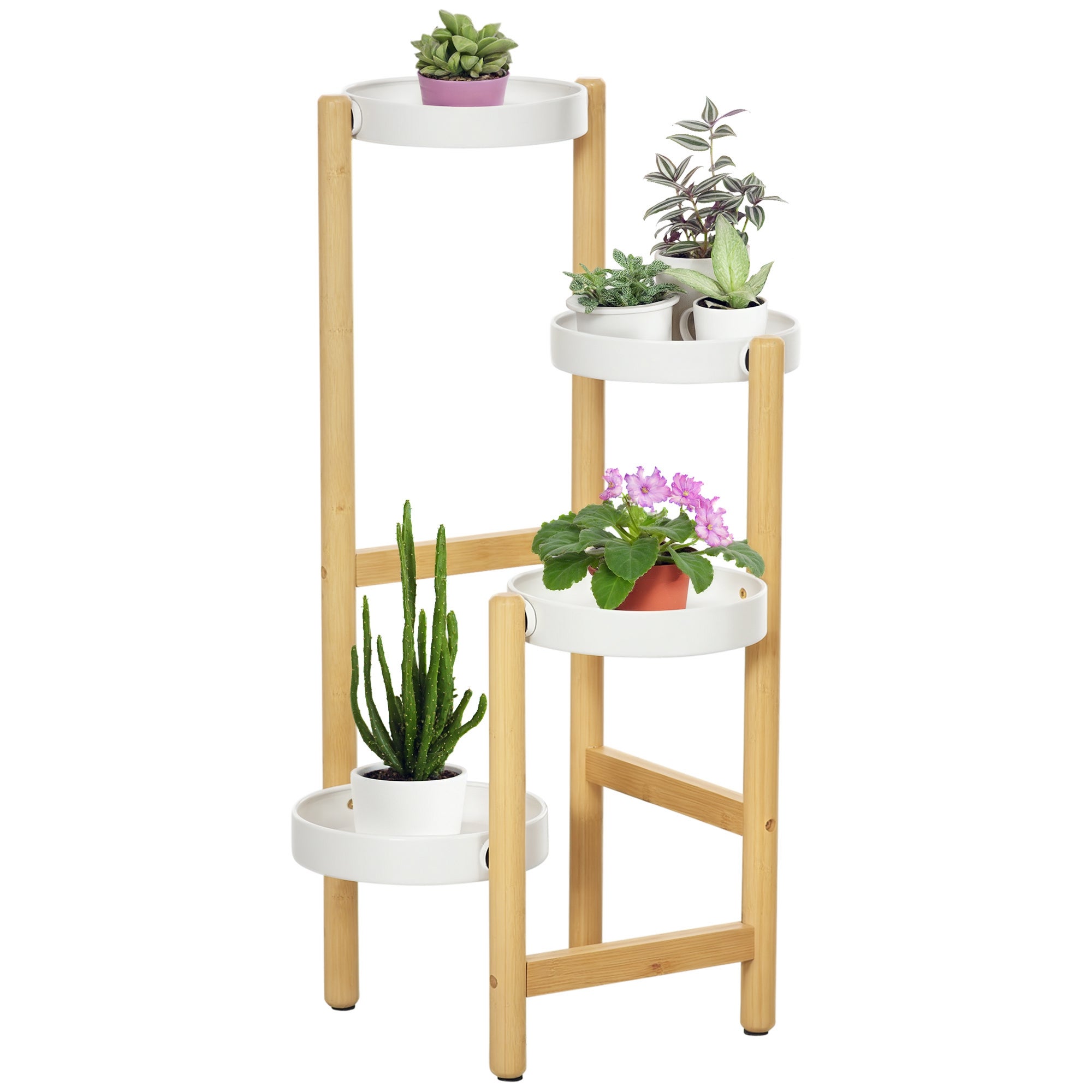 4-poziomowy stojak na rośliny/półka na kwiaty z bambusa i metalu do użytku wewnątrz i na zewnątrz, 28 x 28 x 80 cm, kolor biały