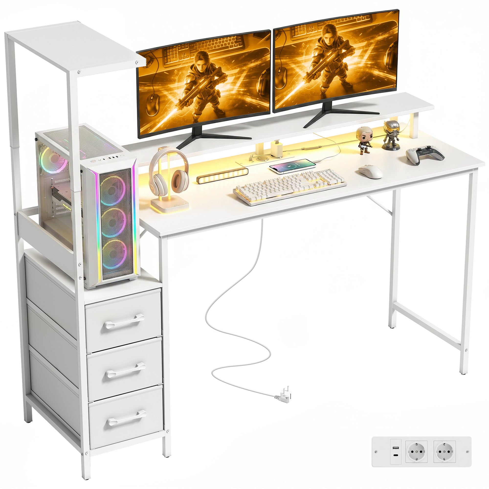 Biurko gamingowe 147 cm, regulowany uchwyt na procesor, oświetlenie RGB, porty USB-C