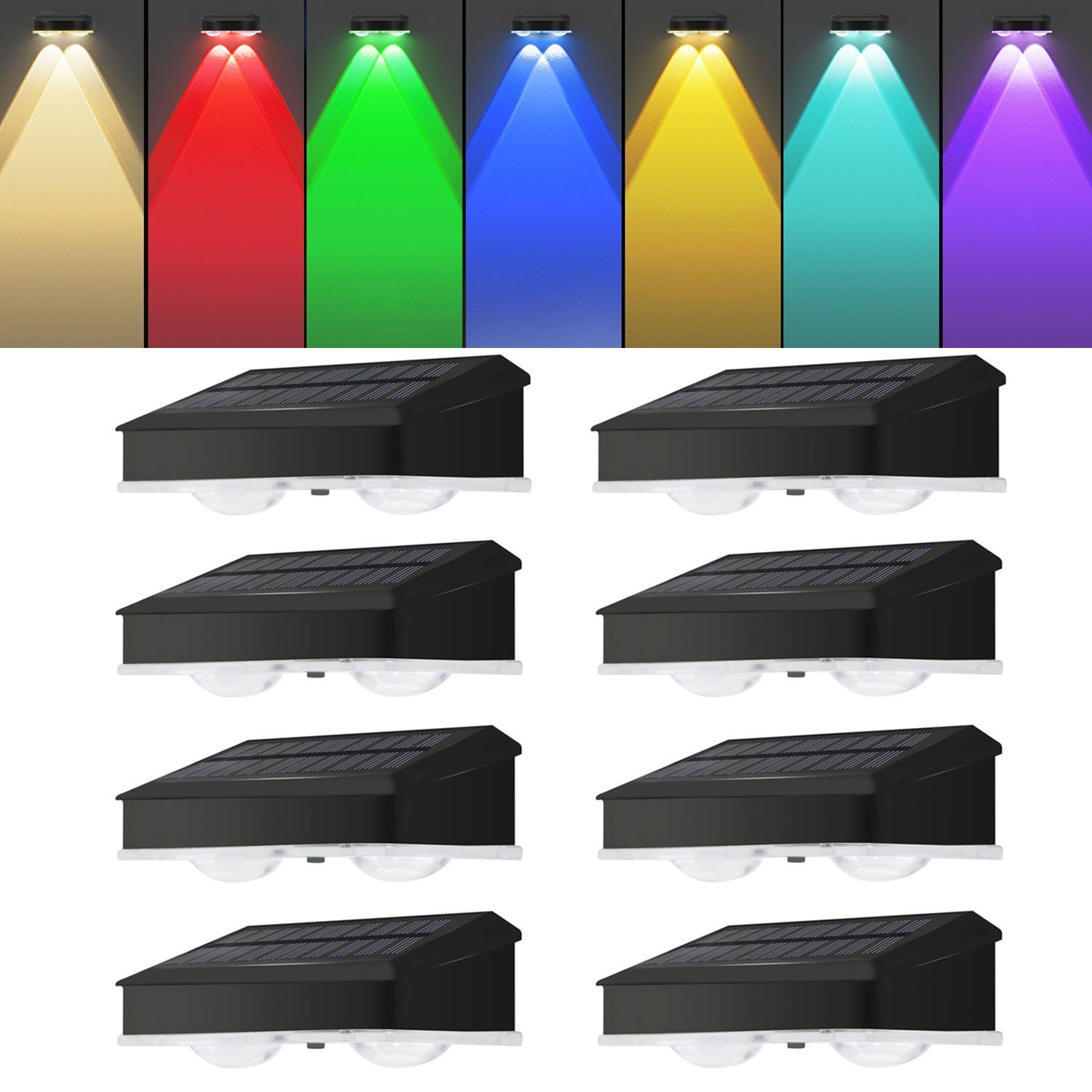Zestaw 8 zewnętrznych lamp solarnych na ogrodzenie, reflektor LED o wysokiej jasności, oświetlenie tarasu, ciepła biel i RGB