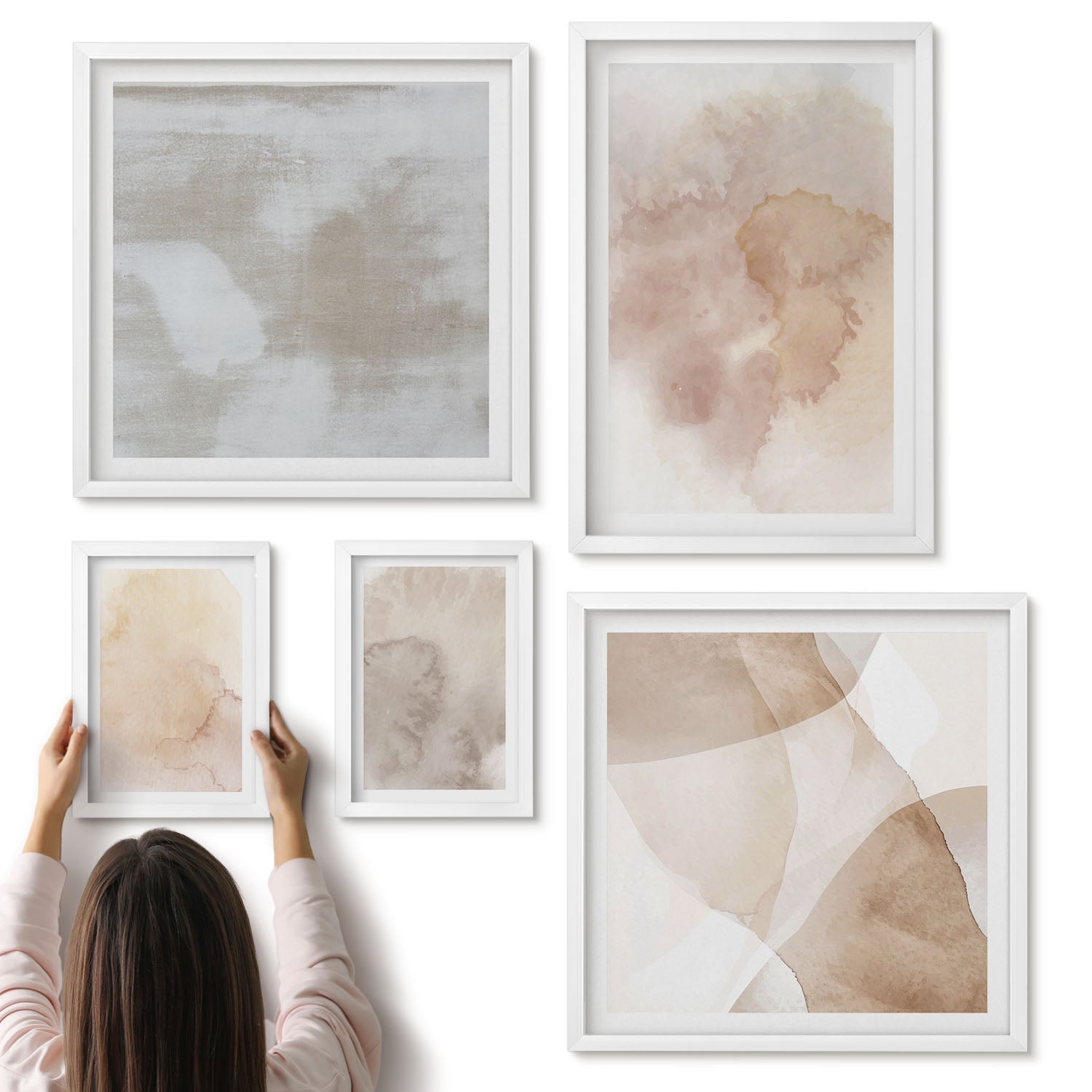 Galeria ścienna 5-częściowy komplet obrazów w białych ramach - Ciepłe akwarele na płótnie pastelowe tekstury - ArtPrintCave