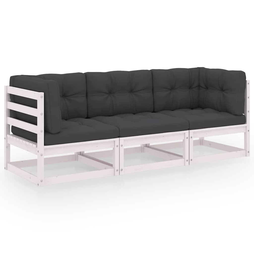 Sofa Ogrodowa Modułowa 3-Osobowa Drewniana Biała z Poduszkami na Taras