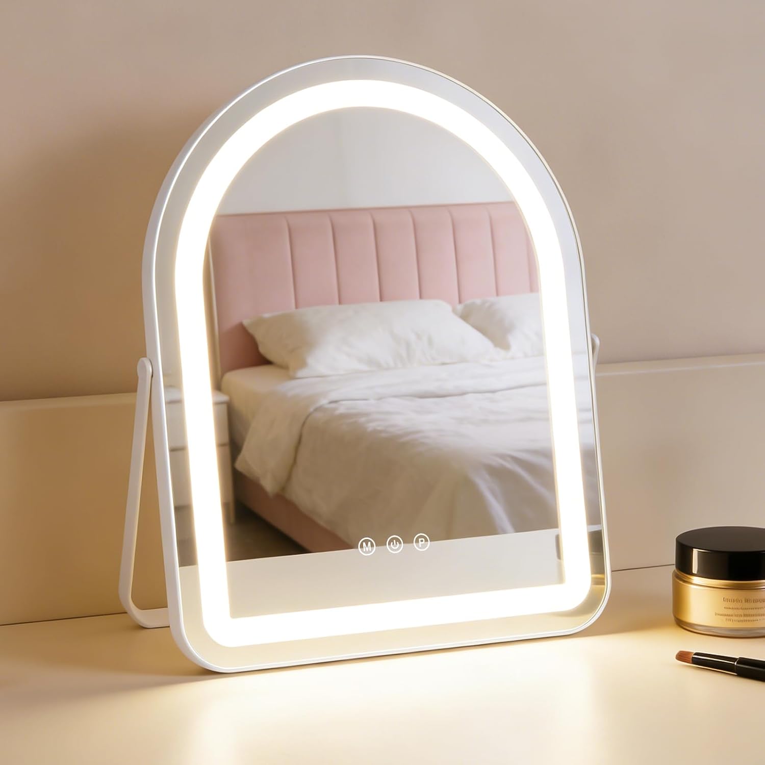 NETTLIFE Hollywood Lustro do makijażu LED 35x45 cm – Lustro stołowe z dotykowym i ściemnialnym podświetleniem, 3 tryby oświetlenia, designerskie