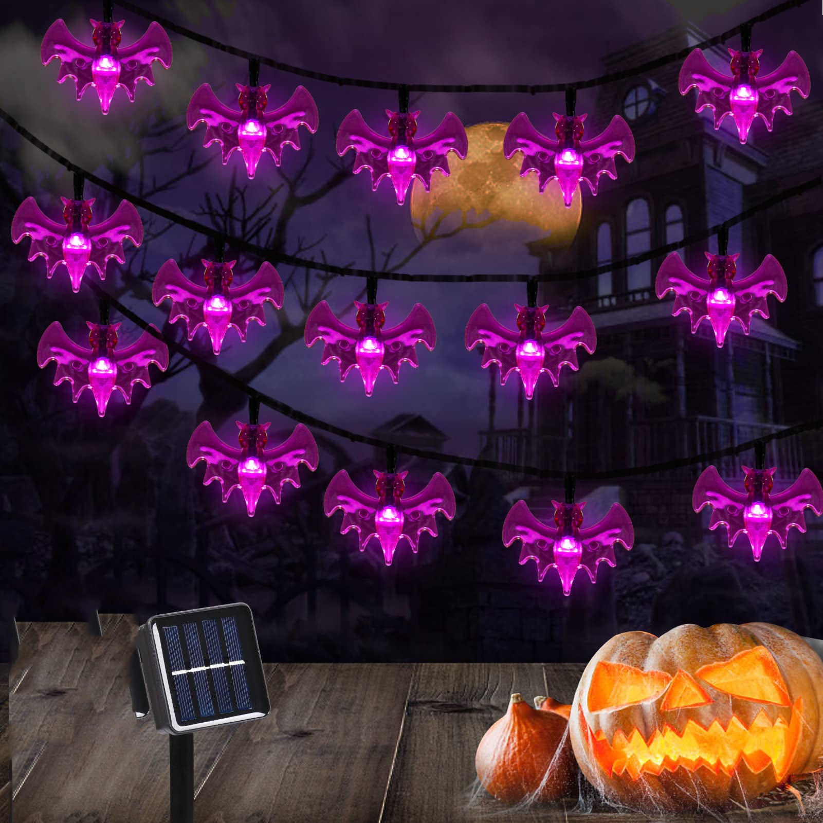 Dekoracyjne lampki na Halloween w kształcie nietoperzy solarne girlandy Halloween długości metrów diodami LED wodoodporne lampki halloweenowe trybów