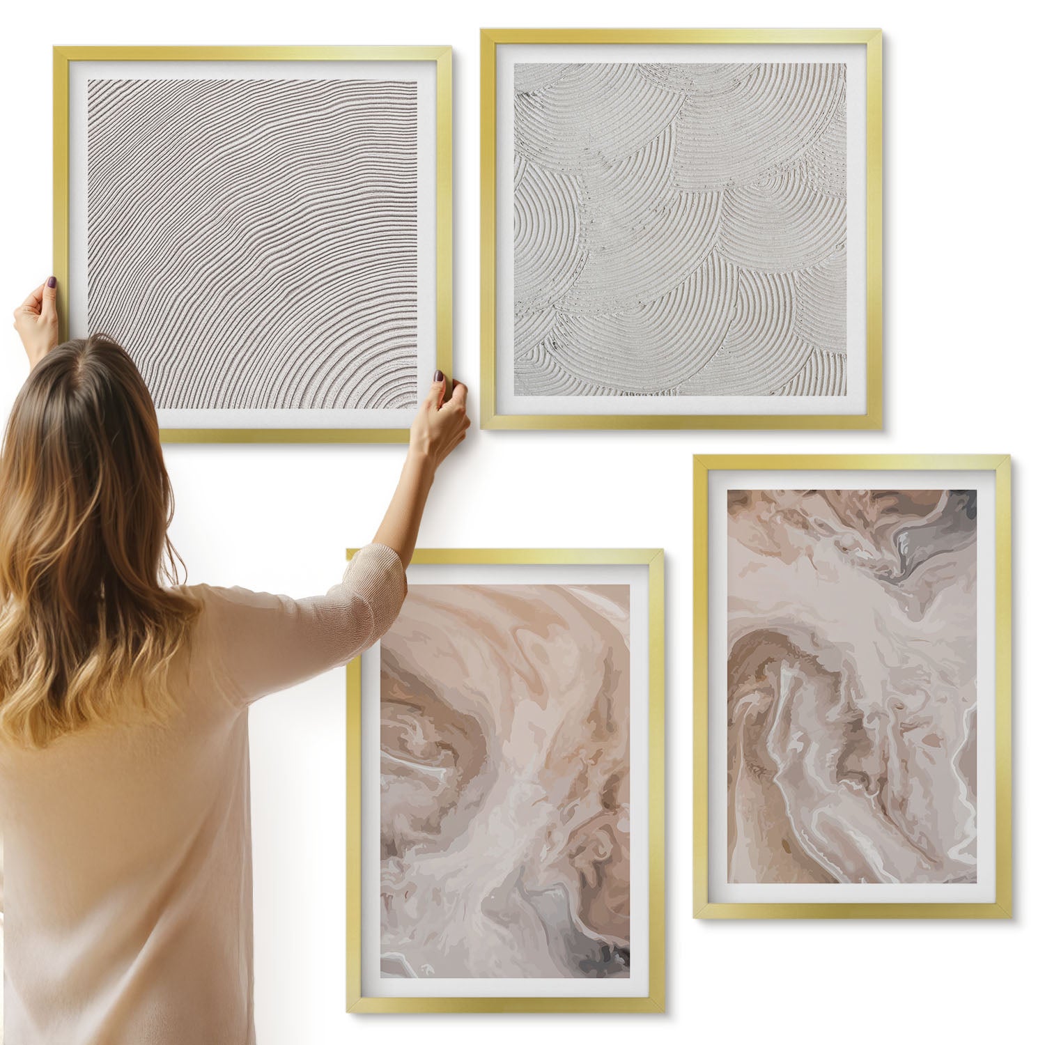 Galeria ścienna 4-częściowy komplet obrazów w złotych ramach - Marmurowe wzory abstrakcyjne tekstury kamienia - ArtPrintCave