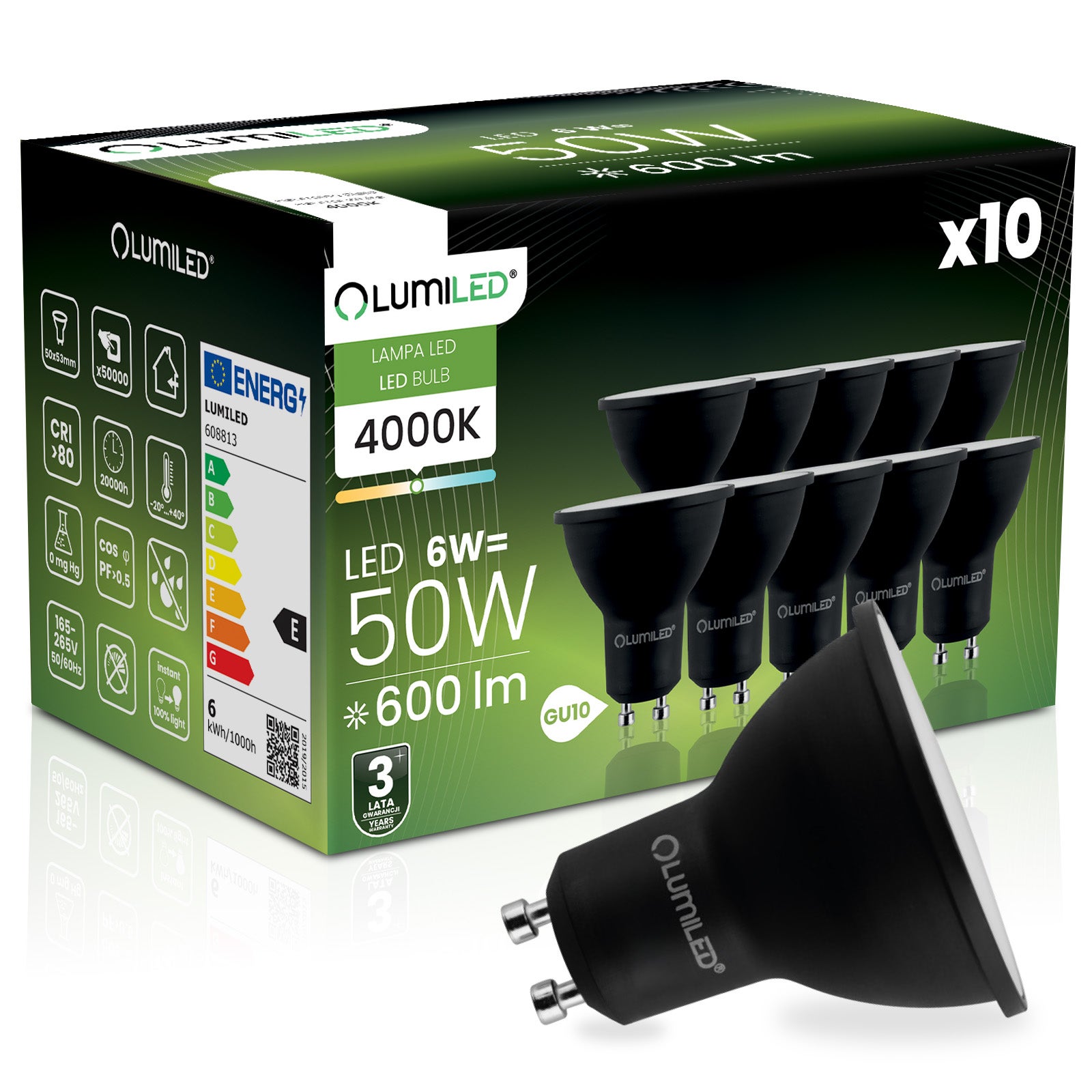 10x Żarówka LED GU10 Reflektor PAR16 6W 600lm 4000K Neutralna biel 120st Czarna LUMILED