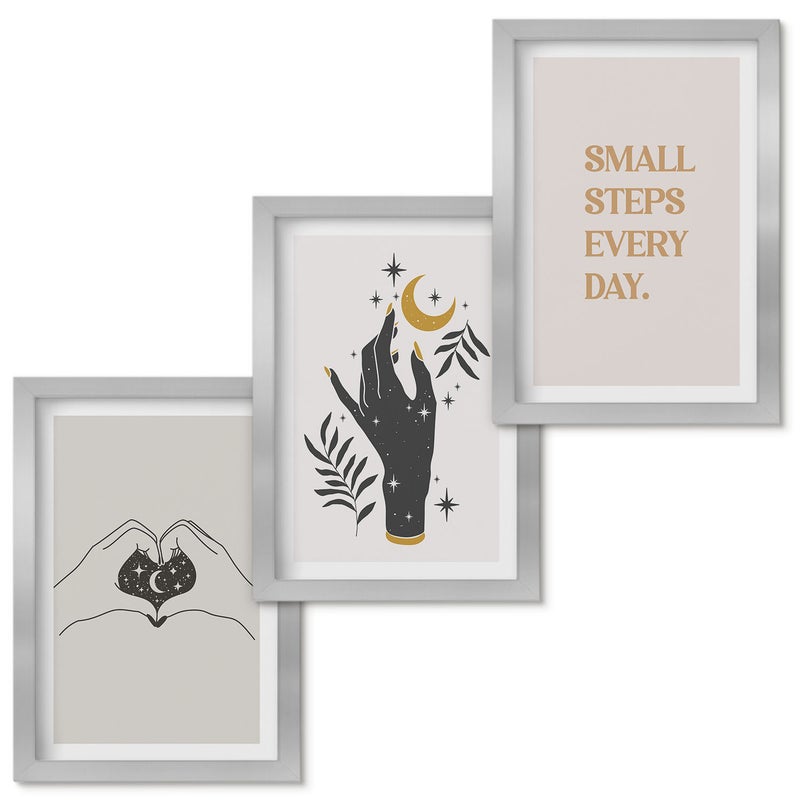 Zestaw obrazów w ramie - 3 części | Minimalistyczne ilustracje inspirujący tekst boho | Srebrna ramka