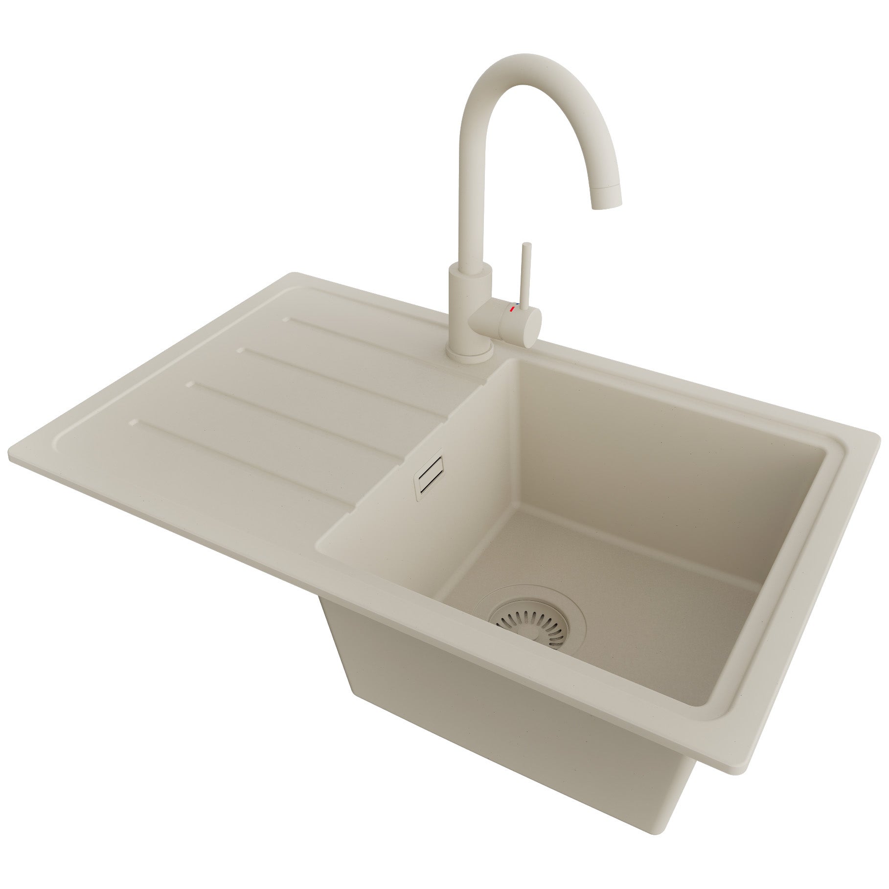 Zlewozmywak Granitowy Beżowy 70x44cm, Zlew Kuchenny 1 Komorowy + Bateria 32x20cm + Syfon, Nablatowy do szafki od 45cm - Kopenhaga Easy PRIMAGRAN