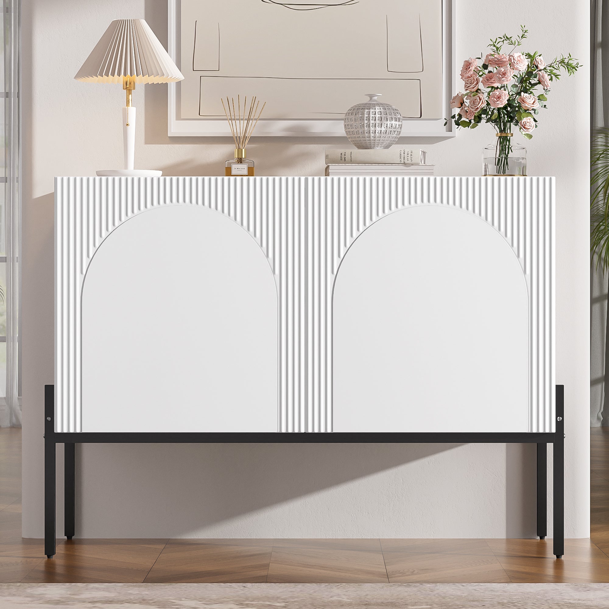 Komoda 2-drzwiowa z metalowymi nogami i ryflowanym wzorem - Płyta wiórowa - 100 × 40 × 75 cm - Biała