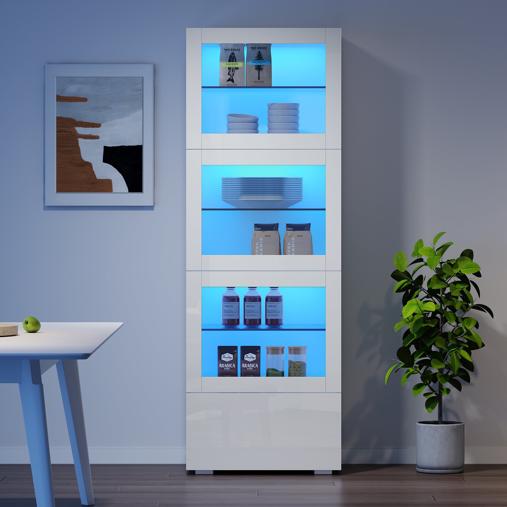 Witryna z połyskiem 60 x 40 x 173 cm - z oświetleniem LED - 3 drzwi i 1 szuflada - regulowane półki - biały