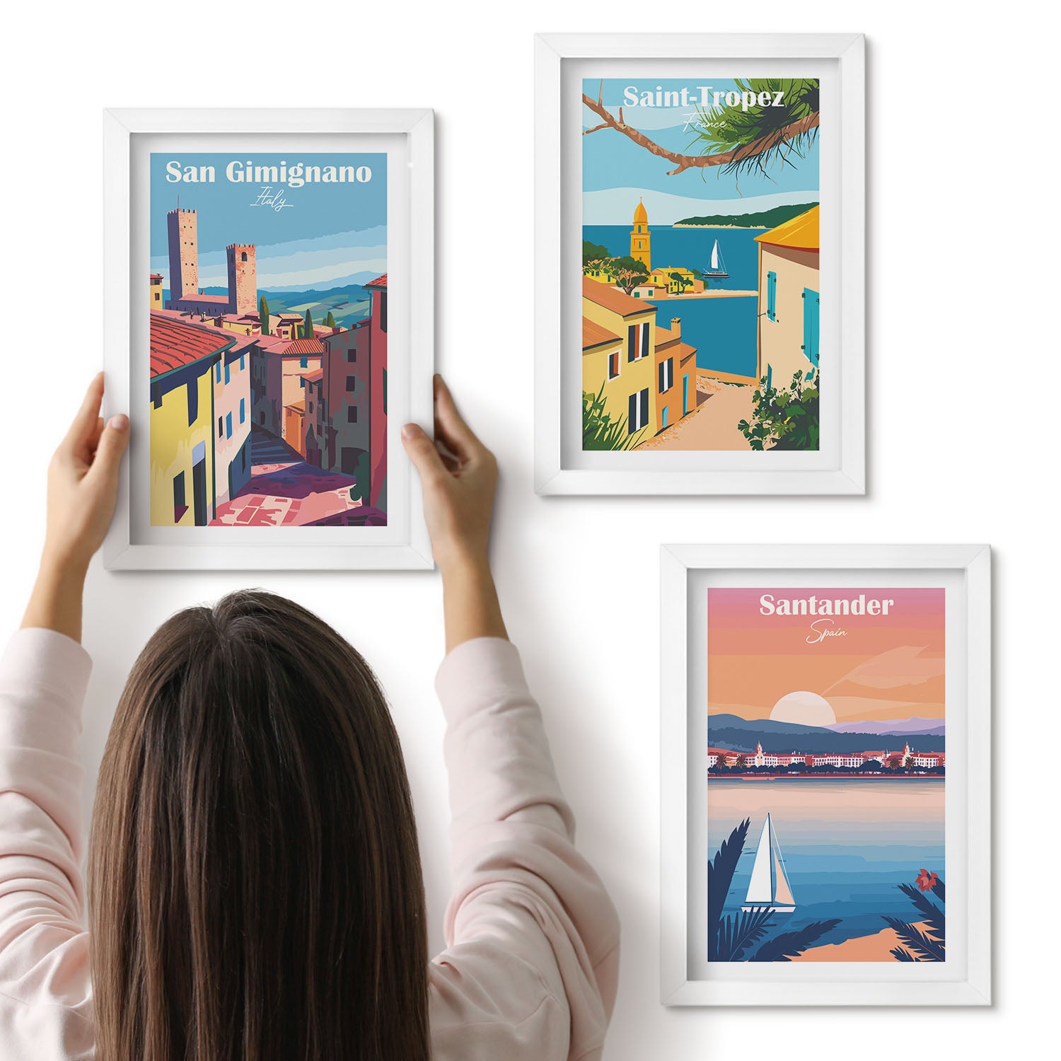 Galeria ścienna 3-częściowy komplet obrazów w białych ramach - Włoskie miasteczka i nadmorskie krajobrazy retro - ArtPrintCave