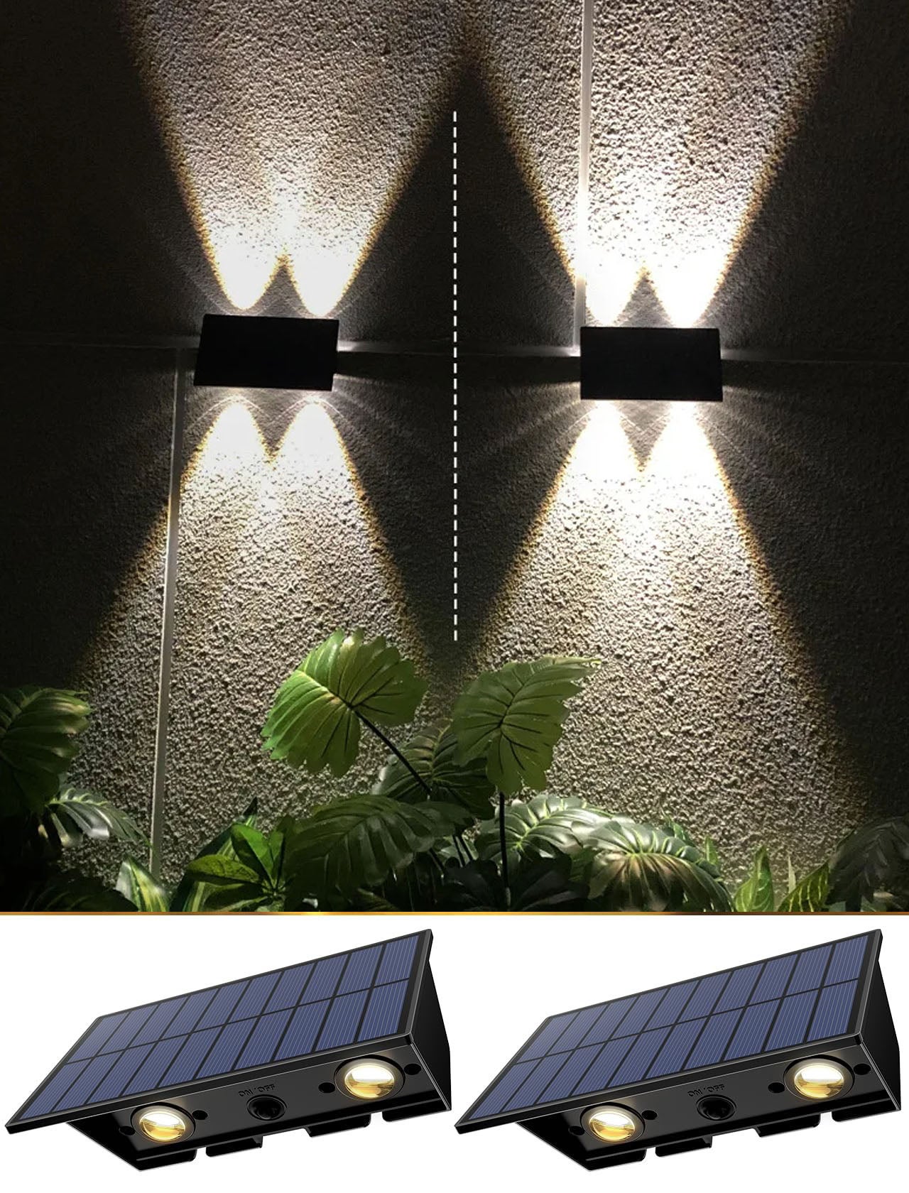 Lampy solarne ścienne 2szt, wodoodporne, ciepła biel, do ogrodzenia/patio/ogrodu.