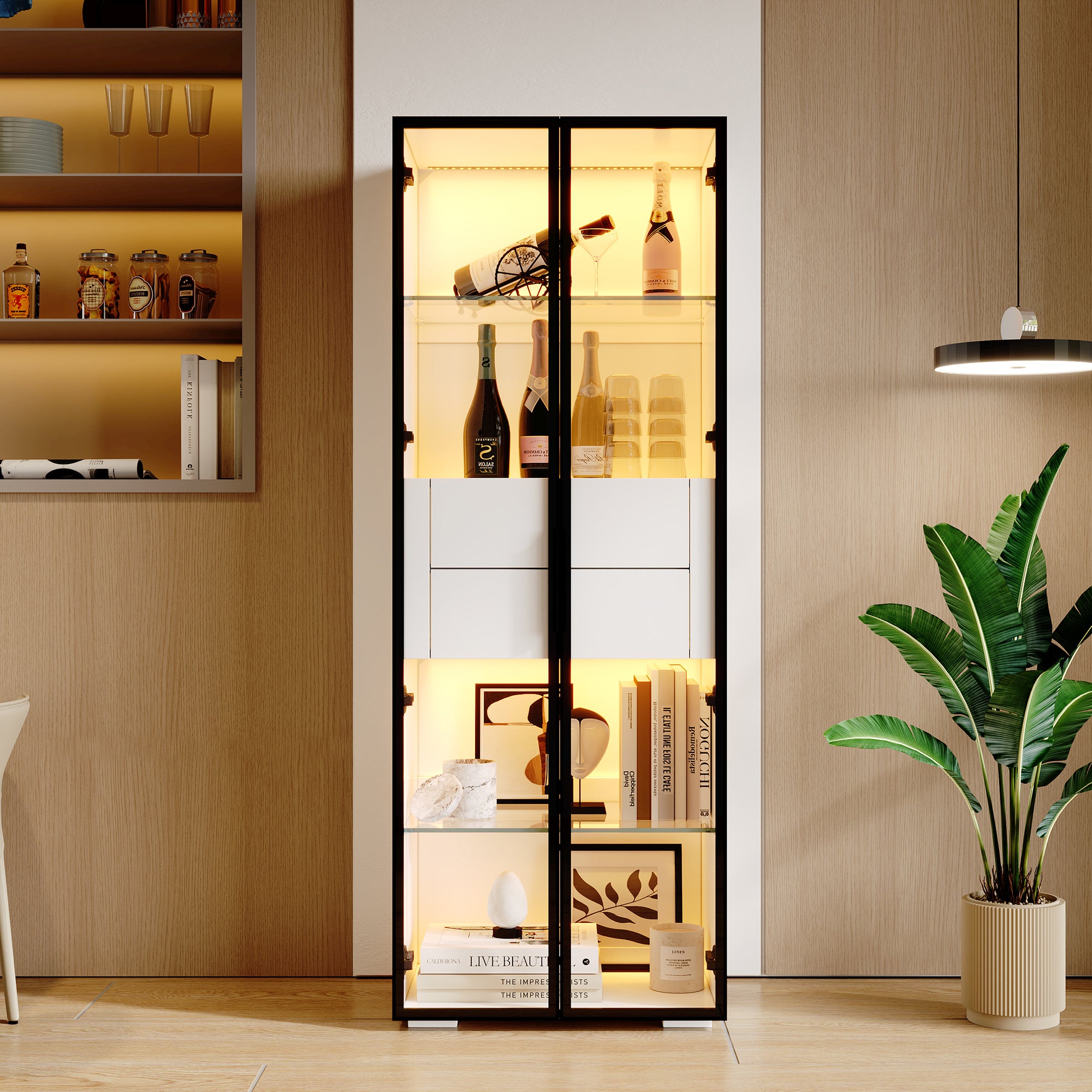 Witryna z 2 drzwiami szklanymi i 2 ukrytymi szufladami, kredens - 60 x 40 x 160 cm - diody LED - płyta MDF - do łazienki/salonu/biura - biała