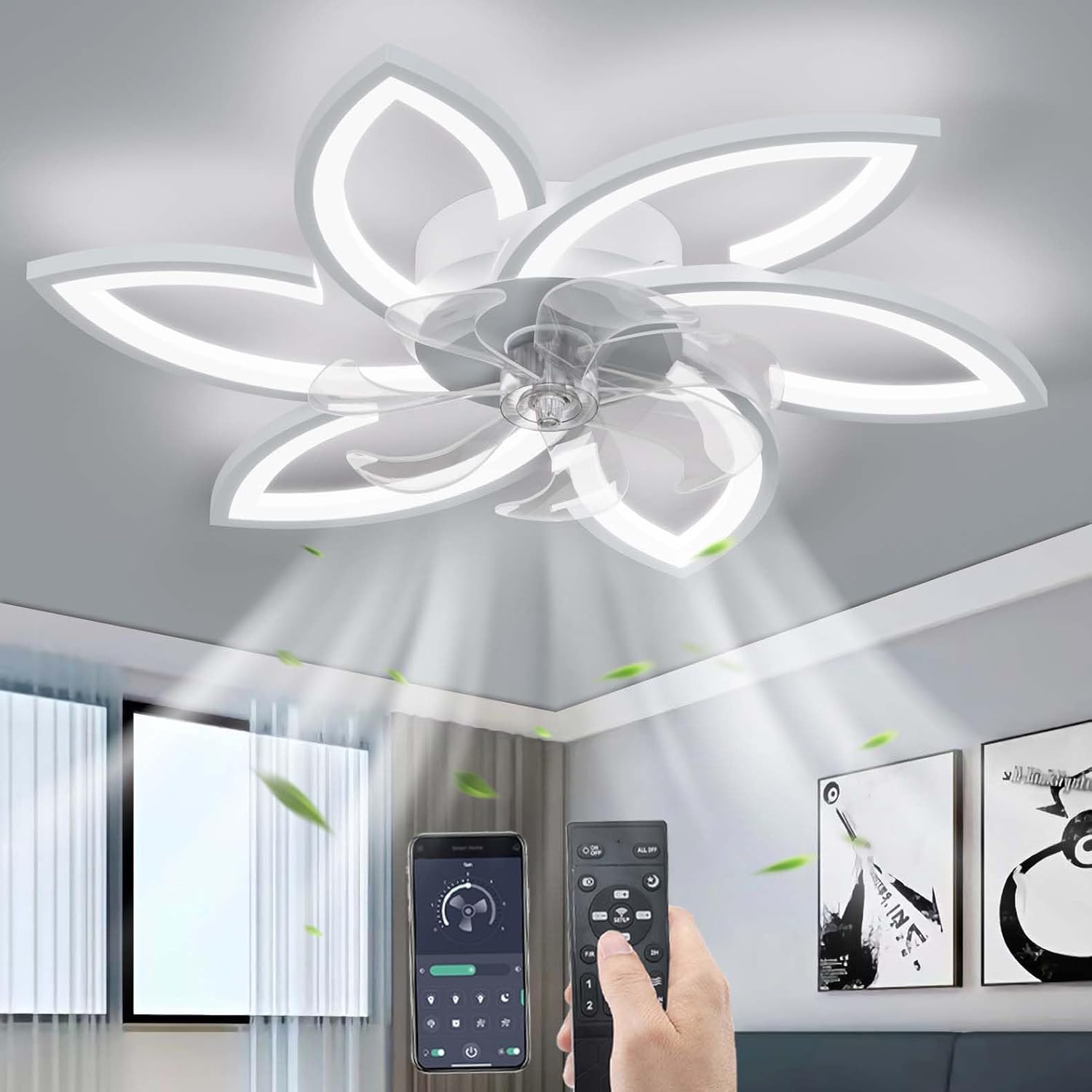 Wentylator sufitowy z oświetleniem i pilotem, ściemnialna lampa sufitowa LED, 6 regulowanych prędkości, biały, 78 cm