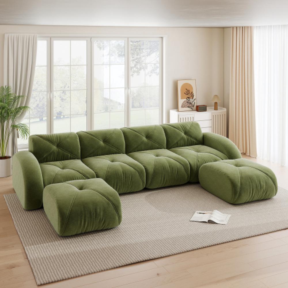 Sofa bezramowa, modułowa sofa 4-osobowa, pianka 32D o wysokiej gęstości, wygodna tkanina szenilowa, konstrukcja antypoślizgowa, nie wymaga montażu.