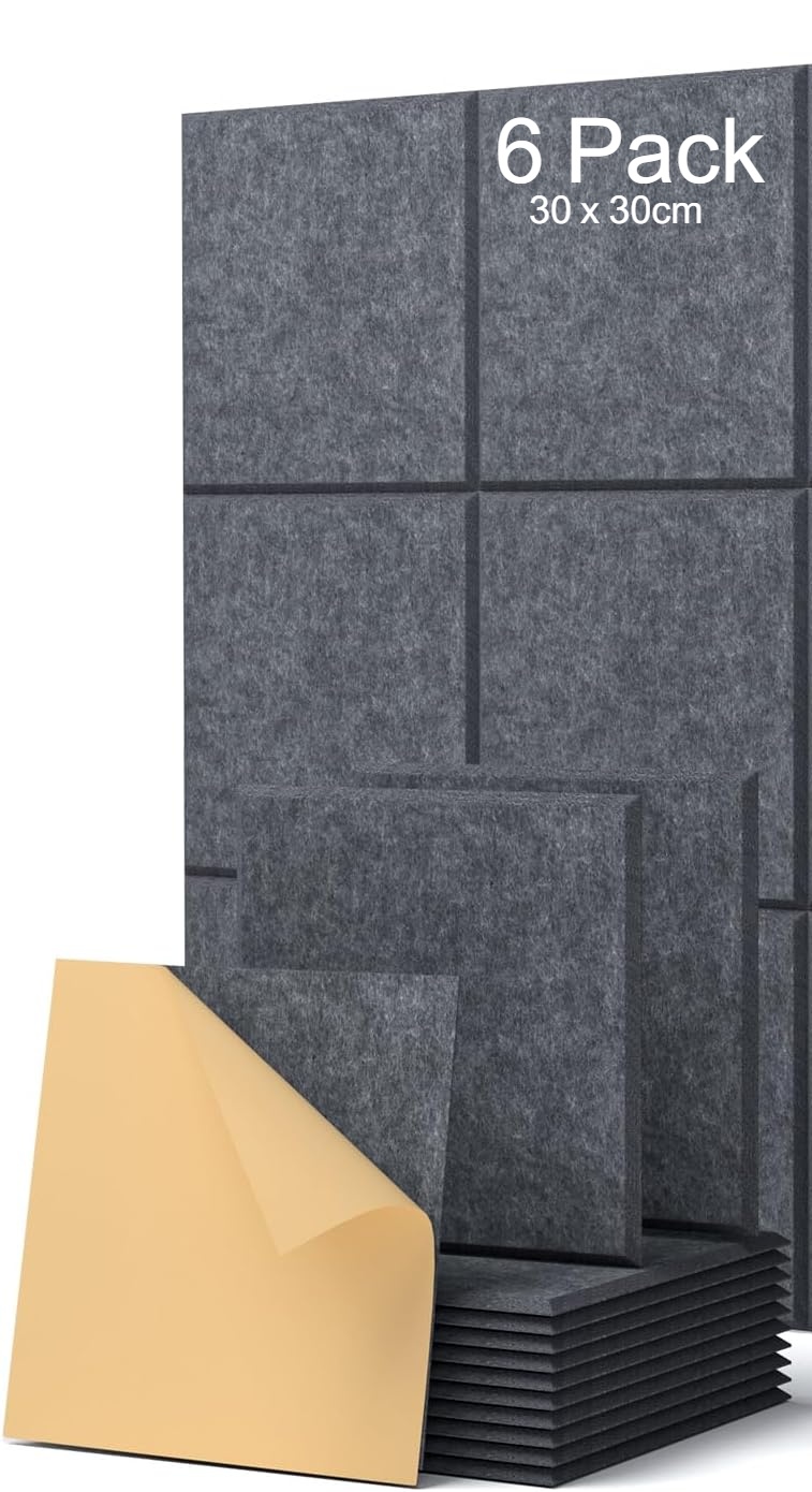 Zestaw 6 samoprzylepnych kwadratowych paneli akustycznych - Absorber hałasu - Wysoka gęstość - 30 x 30 x 0,9 cm