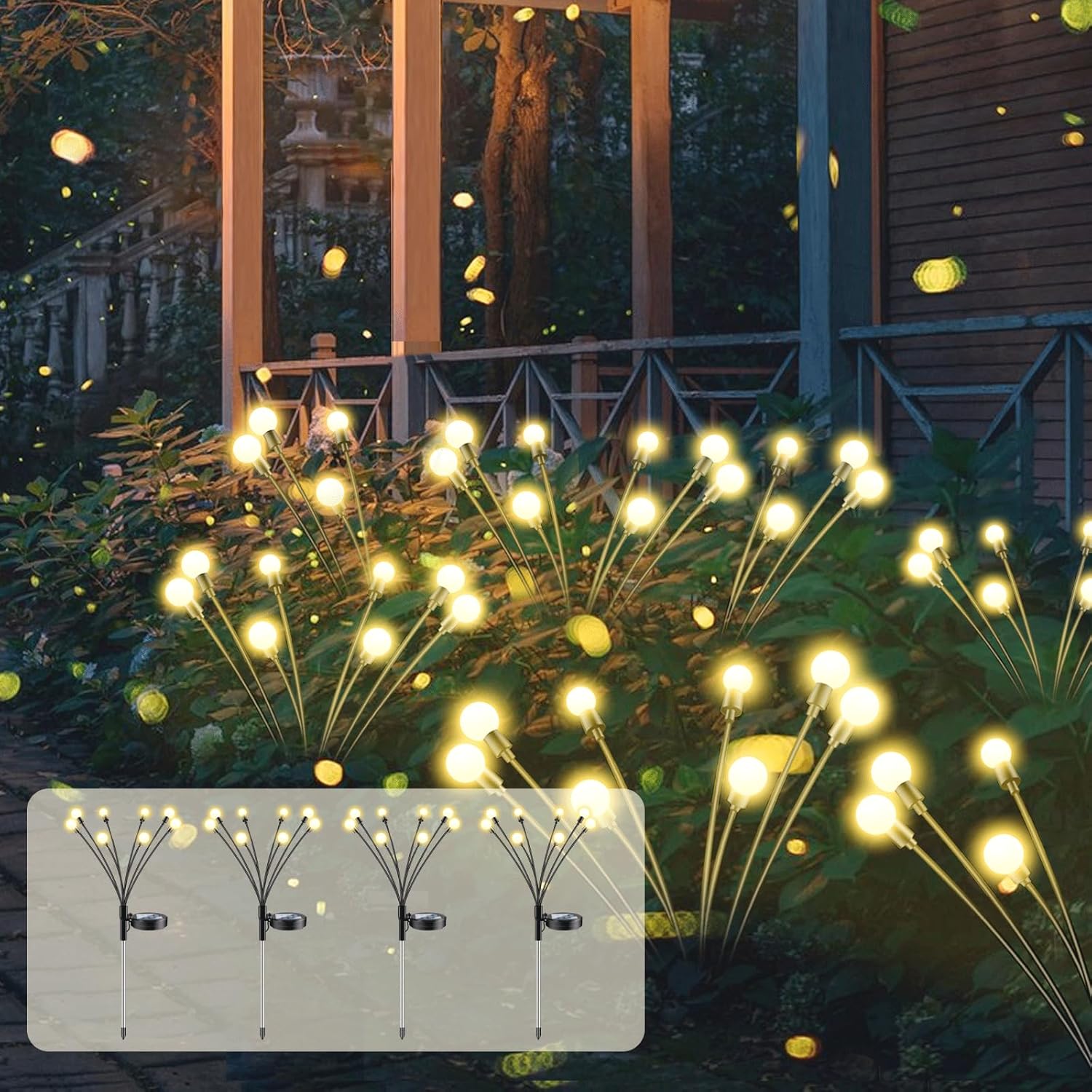 Lampy ogrodowe solarne Firefly, 8 diod LED do użytku na zewnątrz, wodoodporne IP65, ciepła biel, 4 sztuki