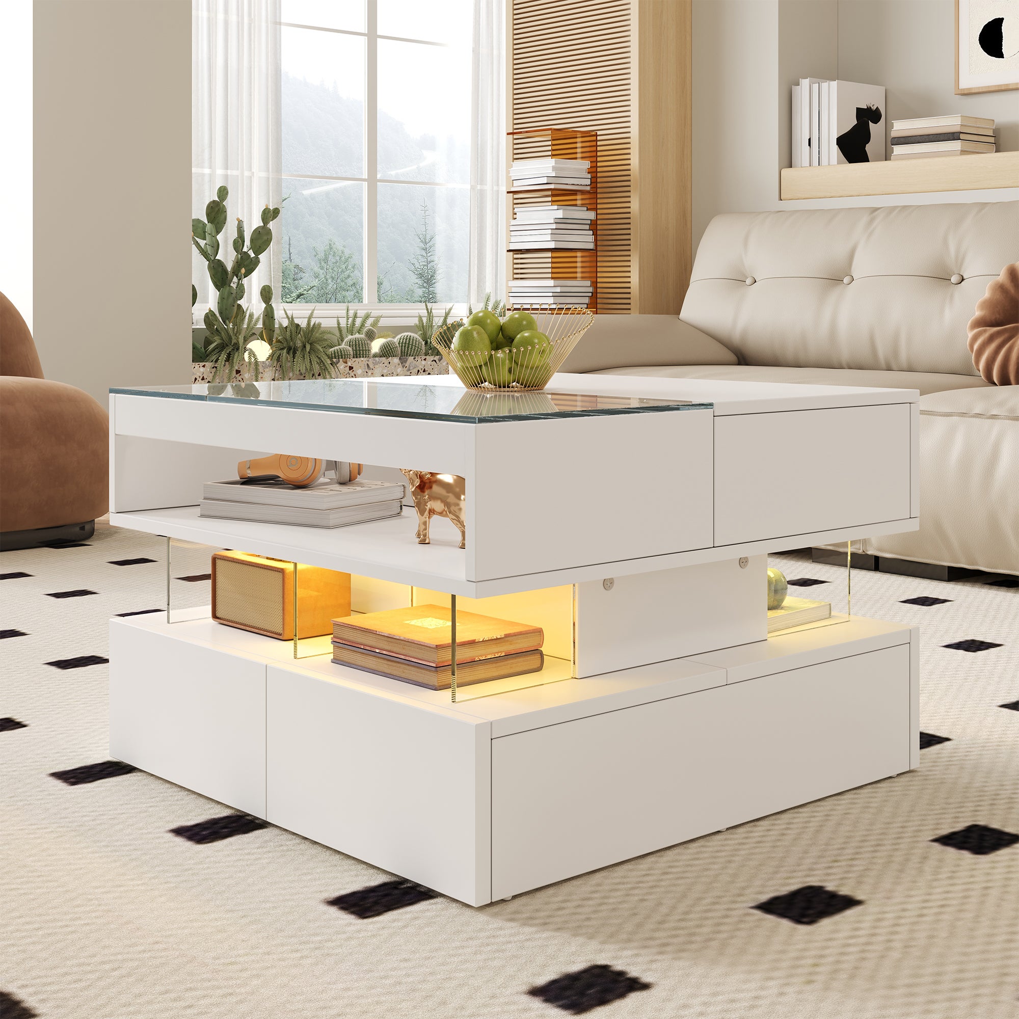 Stolik kawowy z podnoszonym blatem 70x67x57 cm - 2 szuflady - oświetlenie LED - szklany blat - biały