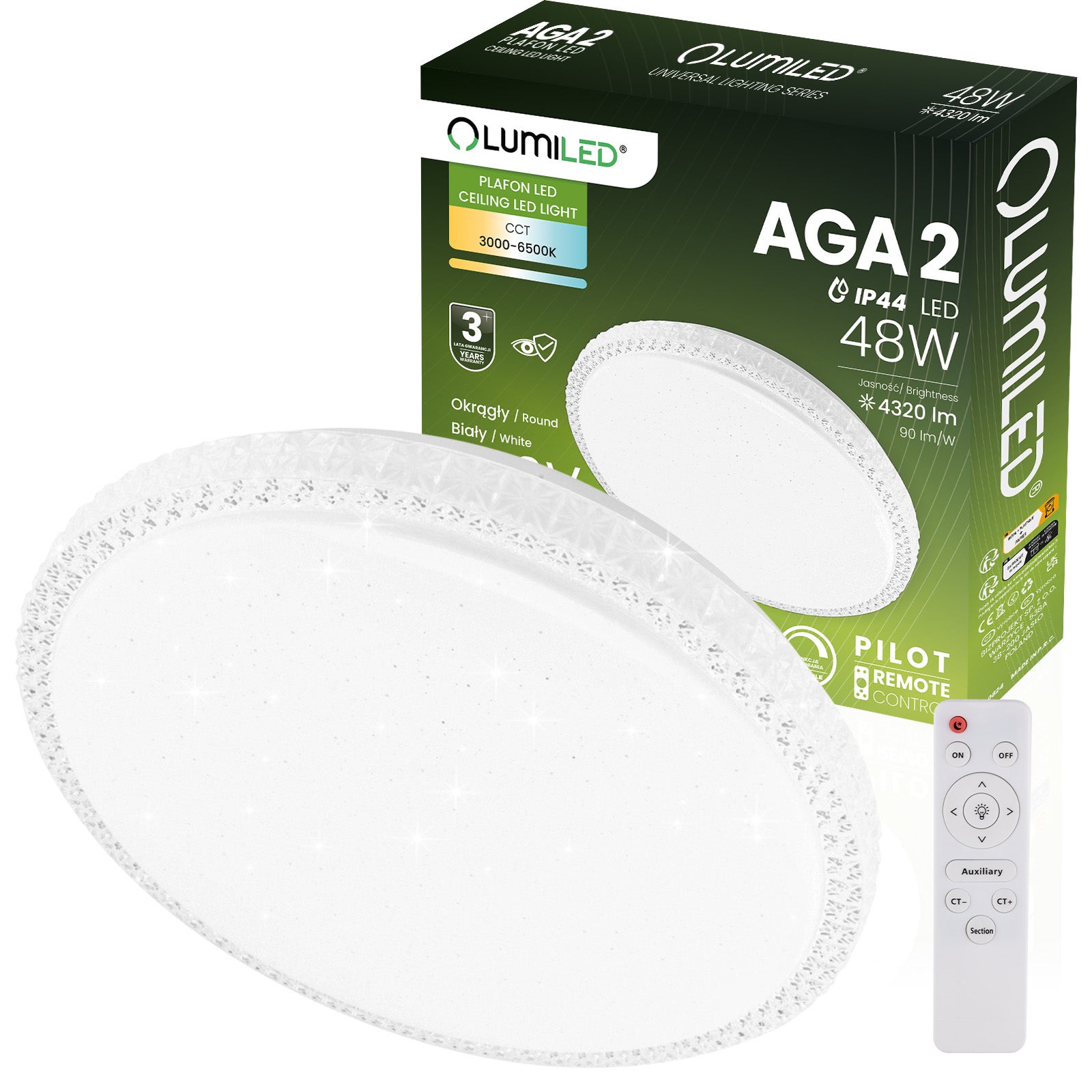 Plafon Lumiled Lampa Sufitowa Natynkowa 48W IP44 CCT Biały Okrągły 40cm z Pilotem 1 szt.