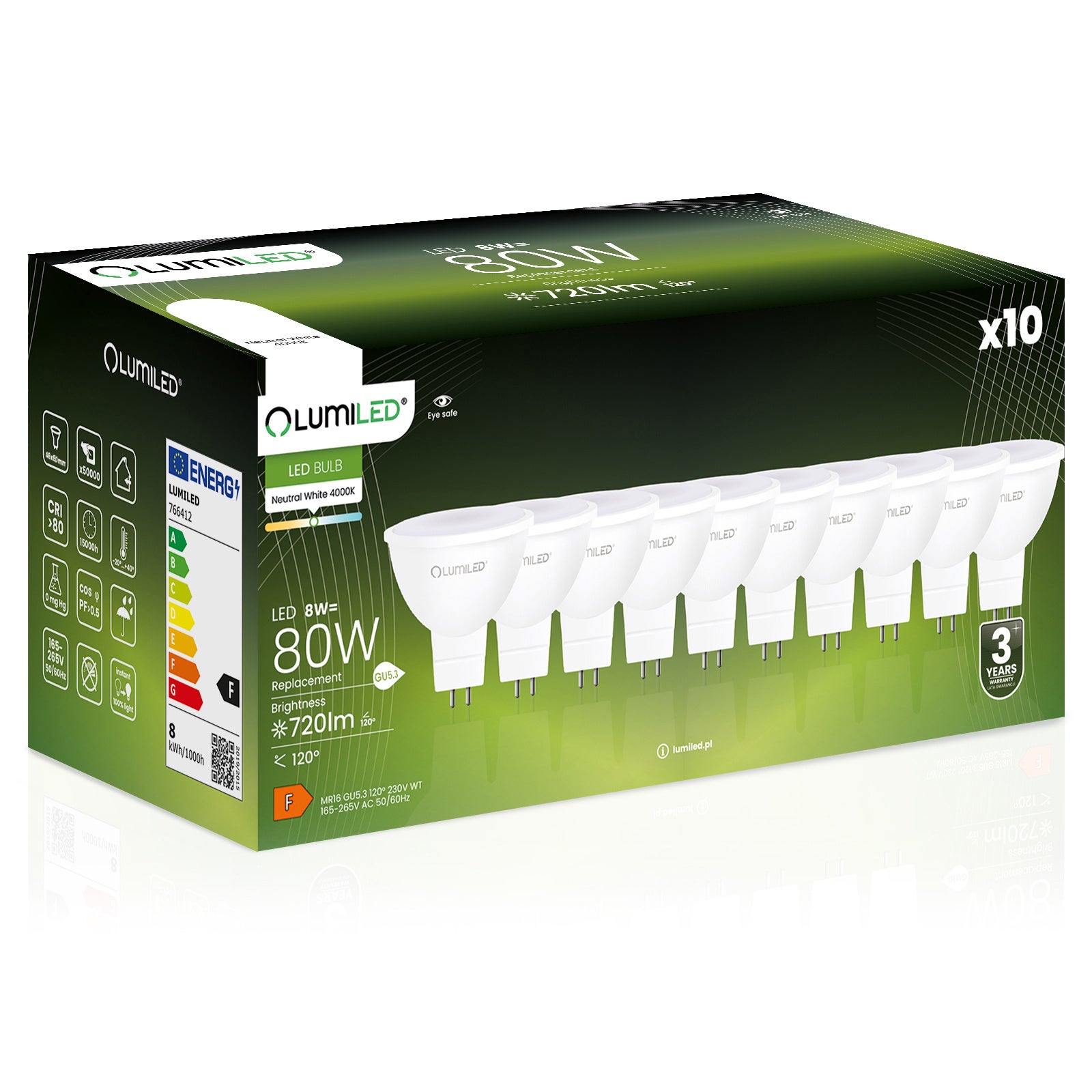 10x Żarówka Lumiled LED GU5.3 Reflektor MR16 8W = 80W 720lm 4000K Neutralna 120st